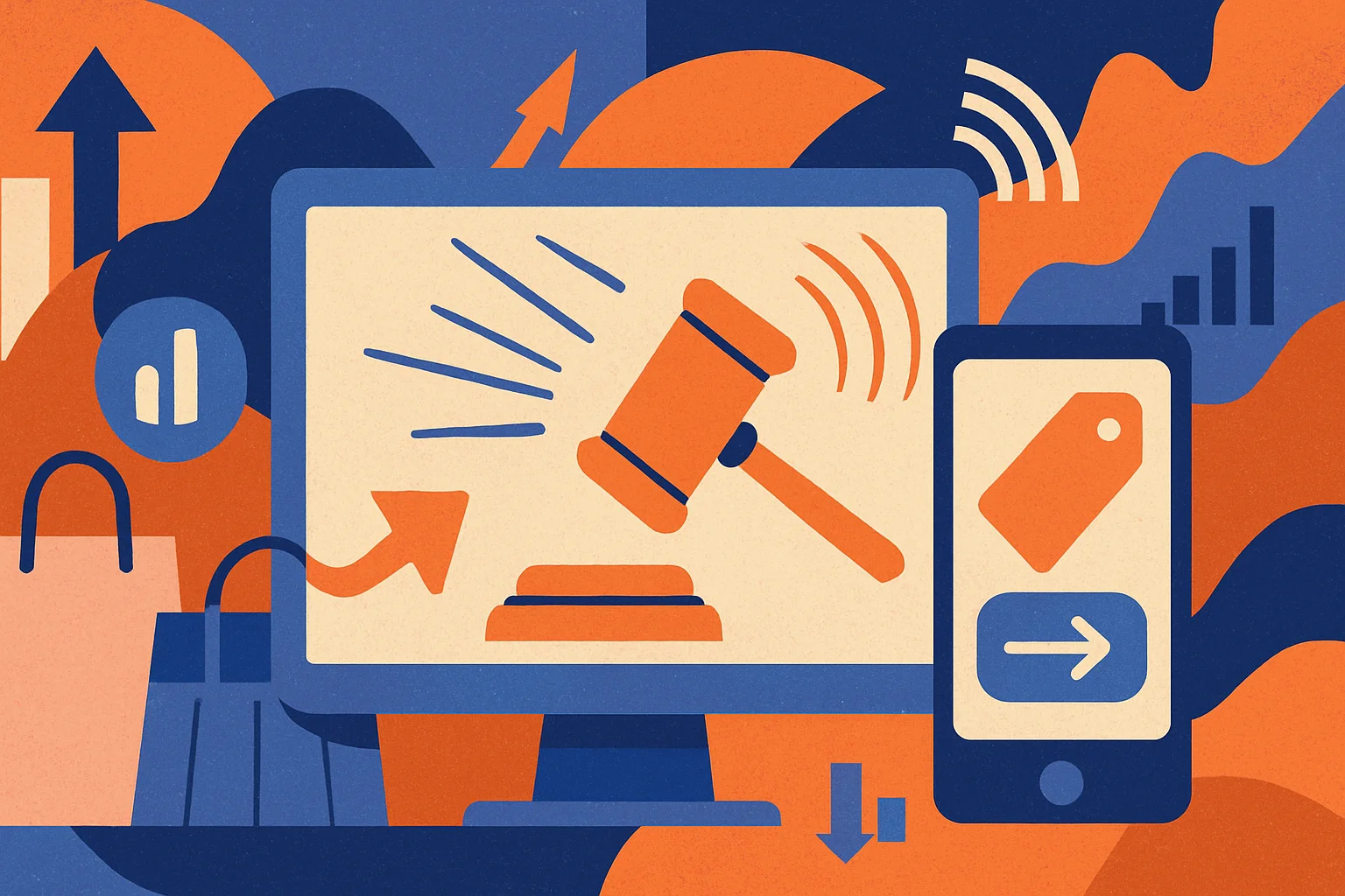 Original editorial illustration for Frenzied Auctions and Swipe-Right Bidding Send Live Commerce Mainstream: What Changes Next.