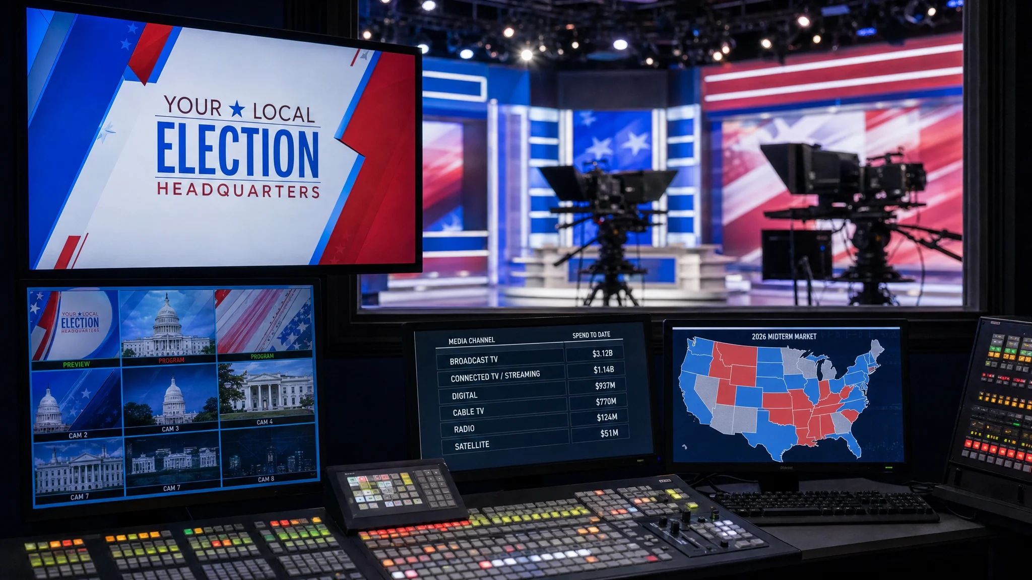 Election broadcast control room with production consoles, camera feeds, political spending figures and a red-and-blue U.S. map overlooking a studio set.