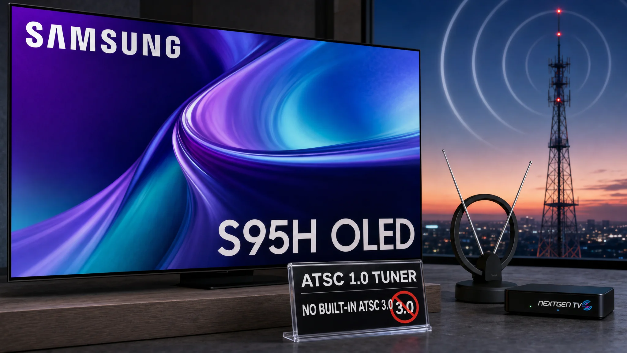 Illustration of a Samsung S95H OLED TV beside an indoor antenna, NextGen TV box, and sign stating it has an ATSC 1.0 tuner but no built-in ATSC 3.0.