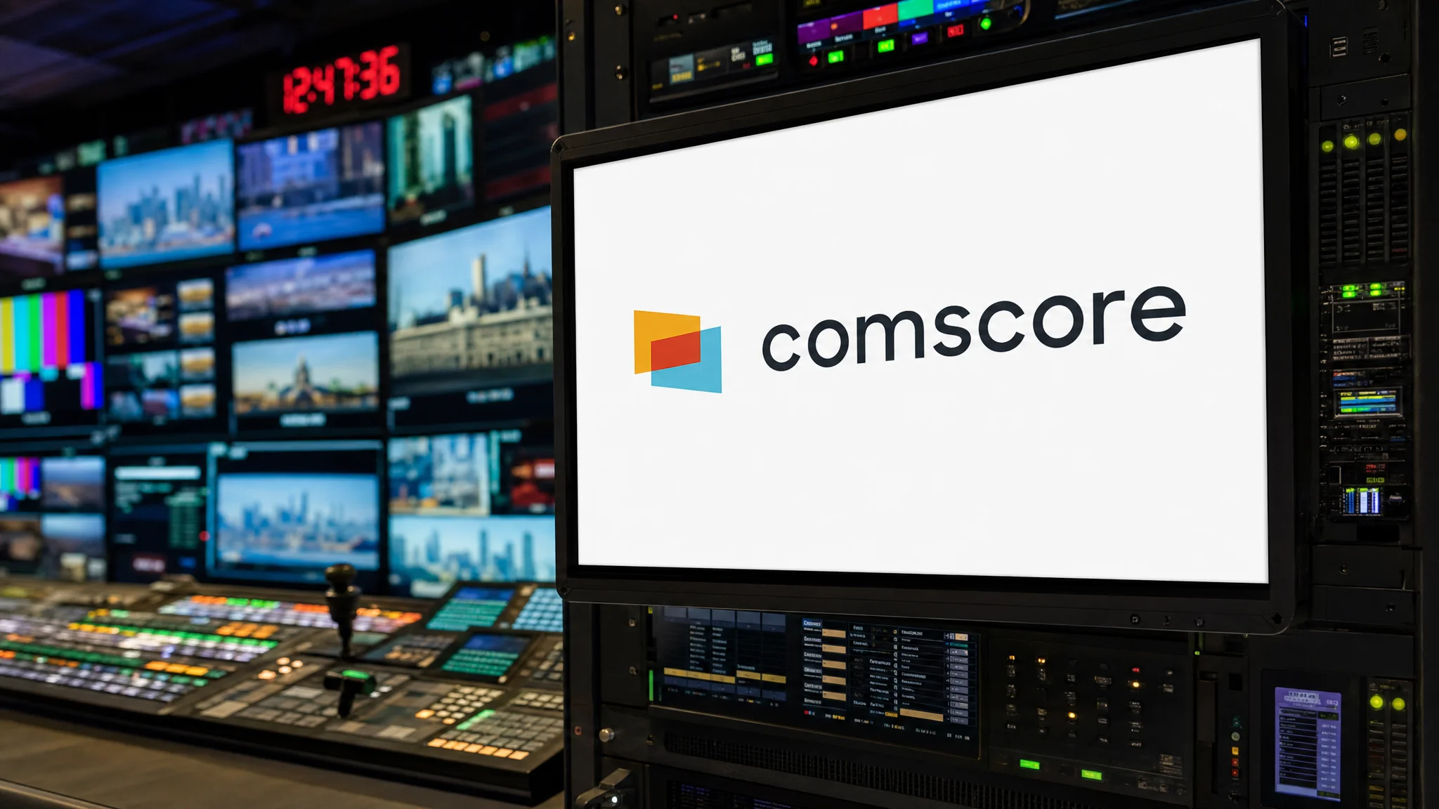 A large monitor displays the Comscore logo beside broadcast equipment, with a video wall and illuminated production control panel in the background.