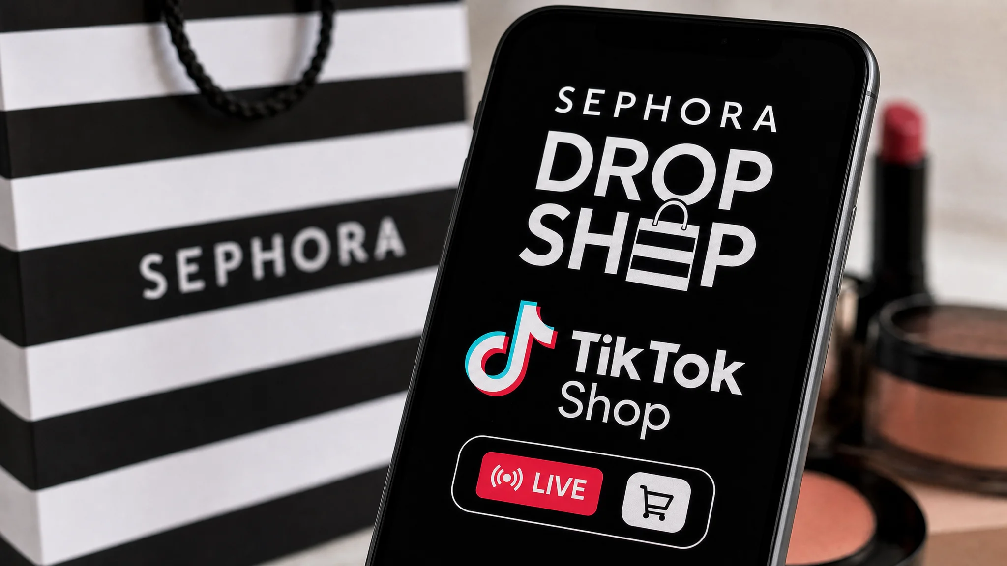 A smartphone displays Sephora Drop Shop and TikTok Shop branding with live and shopping icons beside a striped Sephora bag and cosmetics.