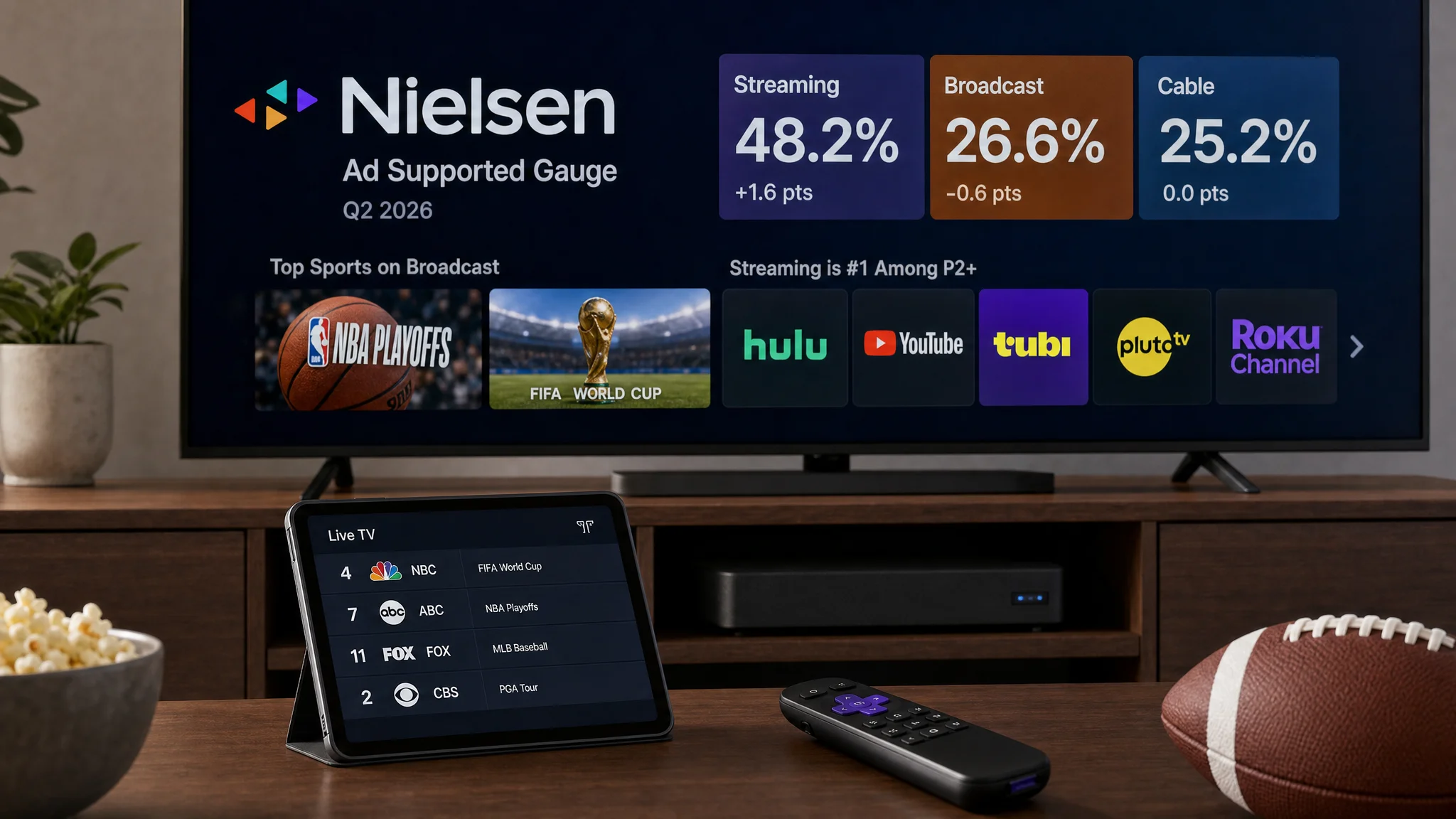Living-room television displays Nielsen’s Q2 2026 ad-supported viewing breakdown: streaming 48.2%, broadcast 26.6%, and cable 25.2%, with a tablet, remote, and football in front.