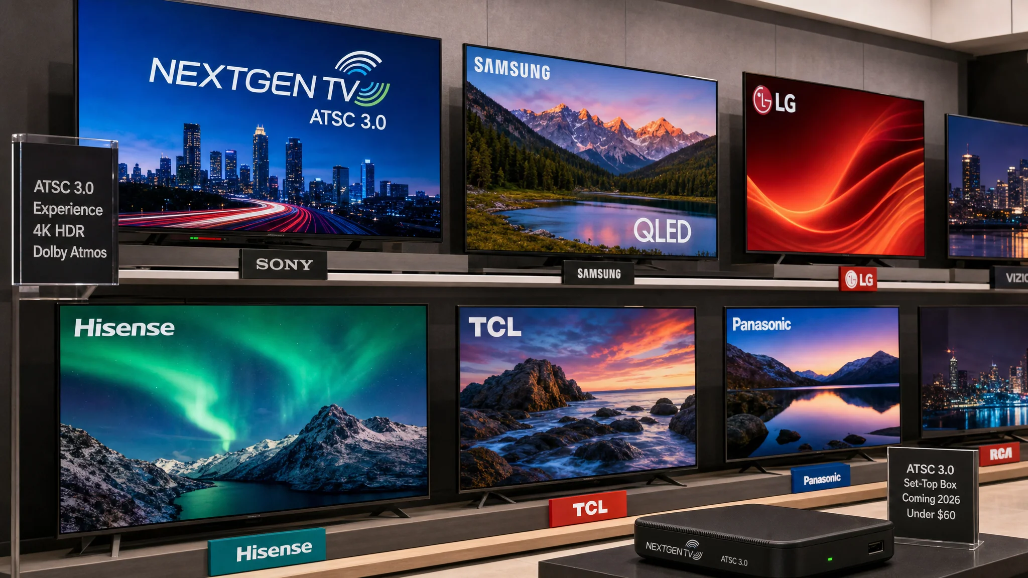 Electronics display with televisions from several brands, a Sony screen promoting NextGen TV ATSC 3.0, and an ATSC 3.0 set-top box in front.