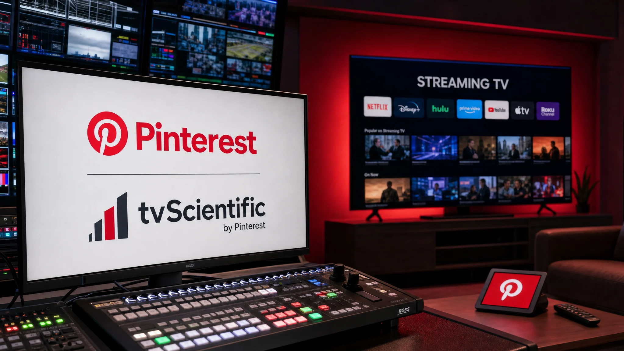 Broadcast control room with Pinterest and tvScientific logos on one monitor, a streaming TV menu on another, and a video switcher in front.