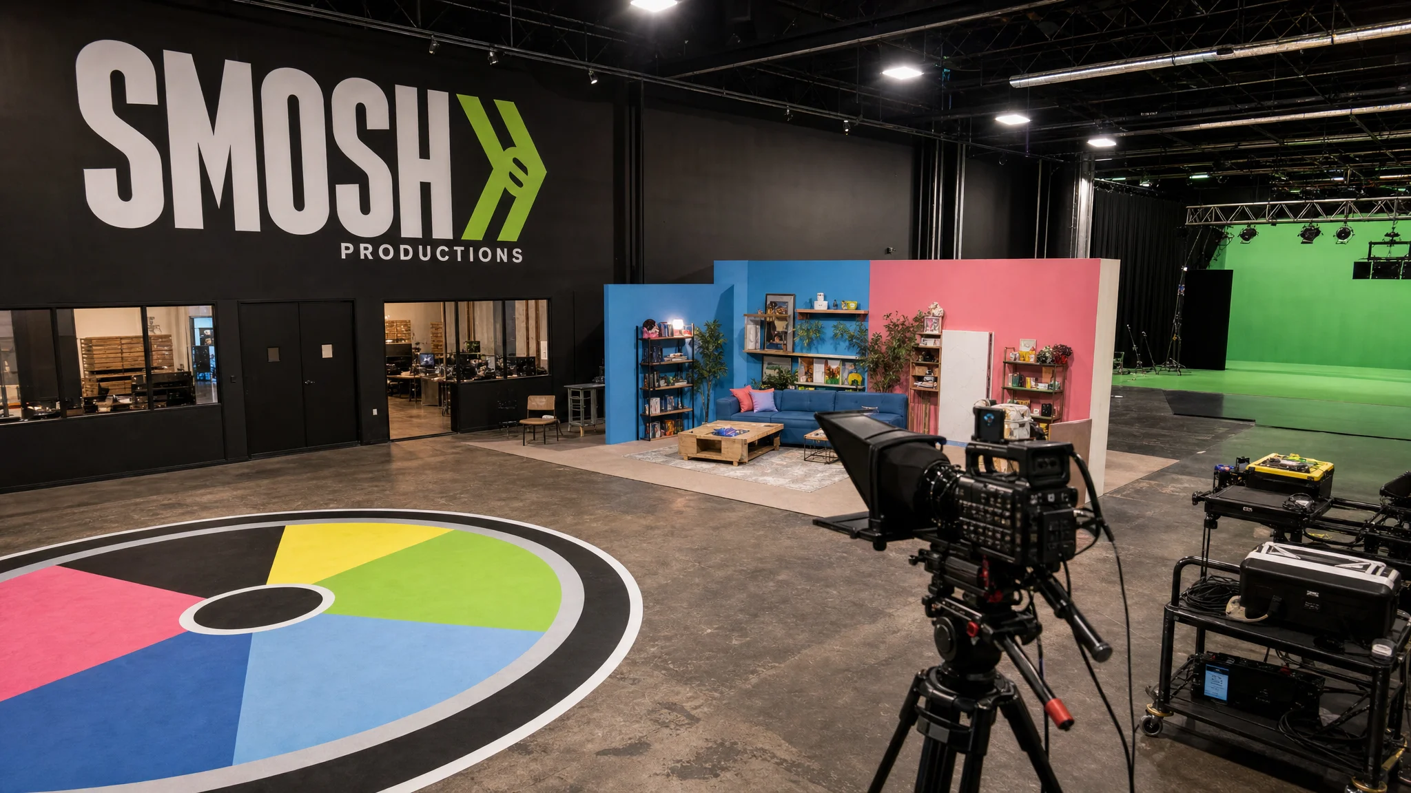 A camera and equipment face colorful living-room sets and a green screen inside a soundstage marked “Smosh Productions.”