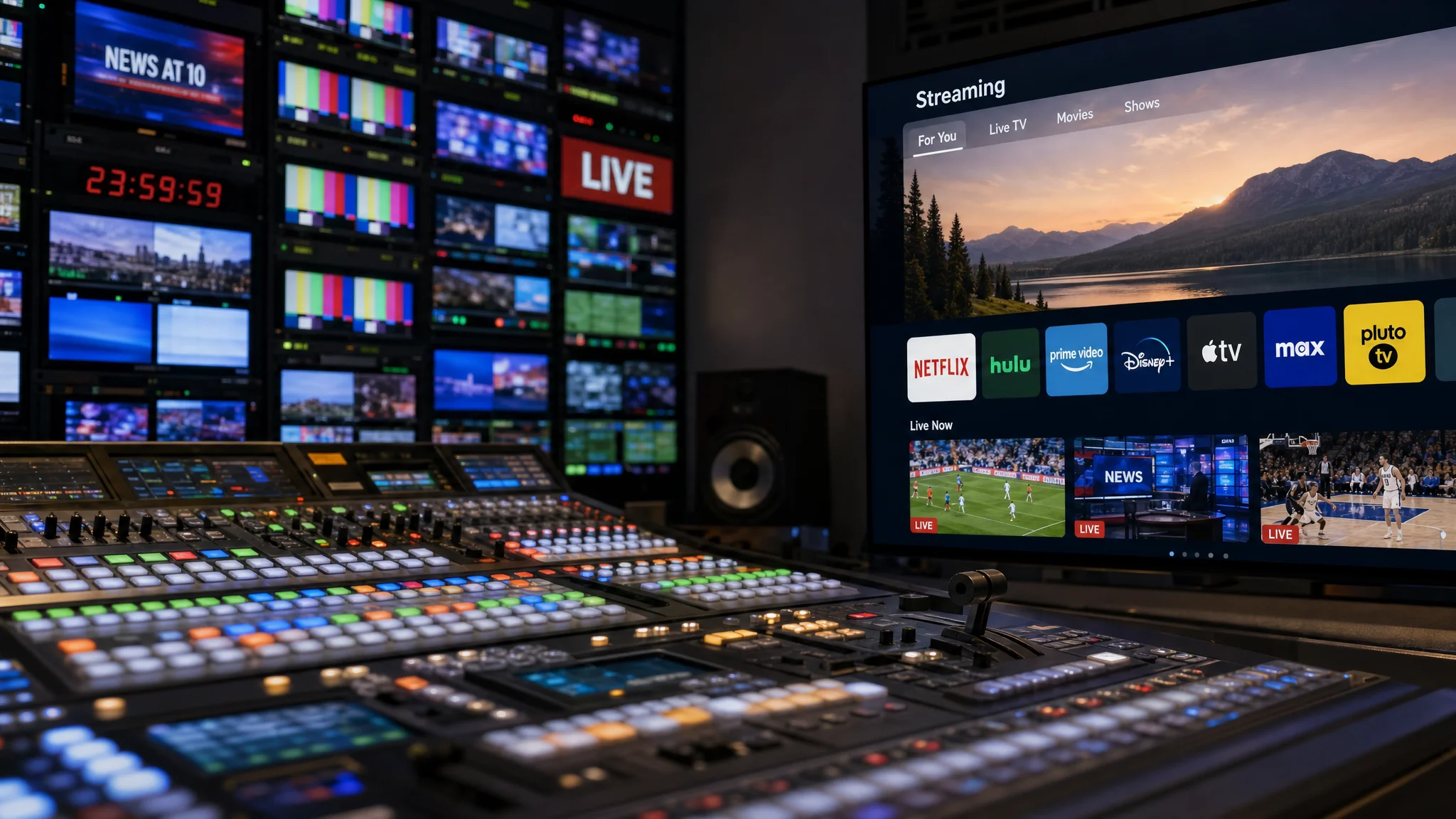 Broadcast control room with illuminated production consoles, a wall of live video feeds, and a large television displaying a menu of streaming services.