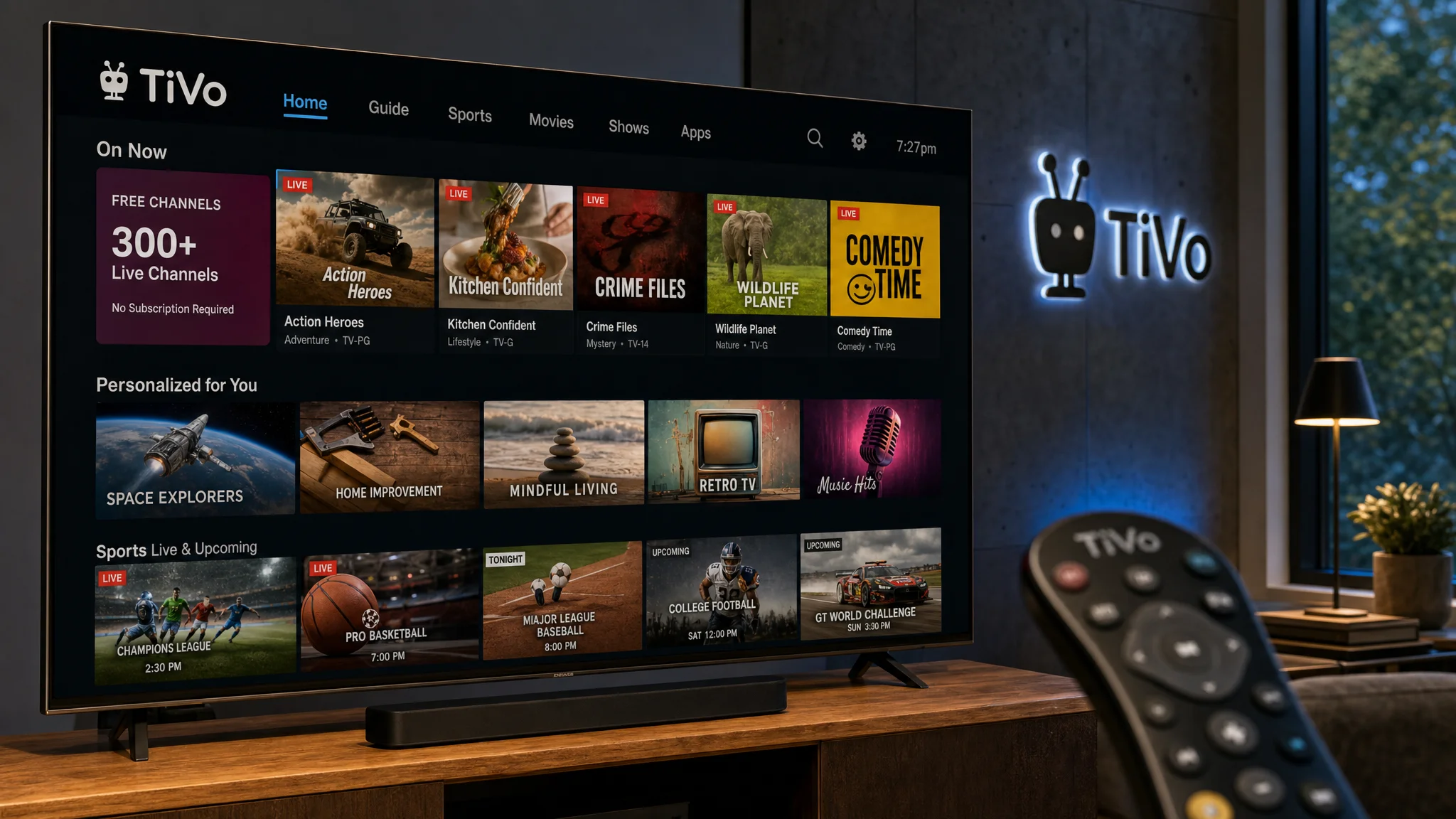 A television displays the TiVo home screen with free live channels, personalized programs and sports listings, while a TiVo remote fills the foreground.