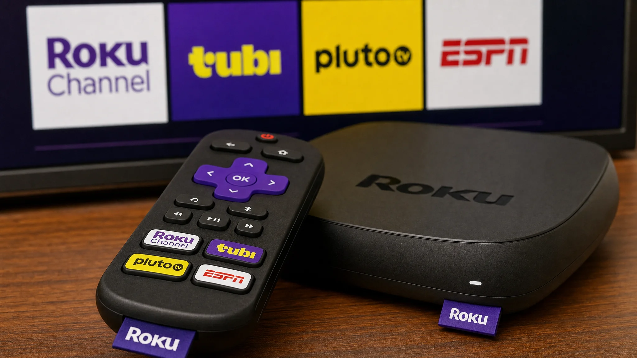 A Roku streaming box and remote sit before a television displaying tiles for Roku Channel, Tubi, Pluto TV and ESPN.