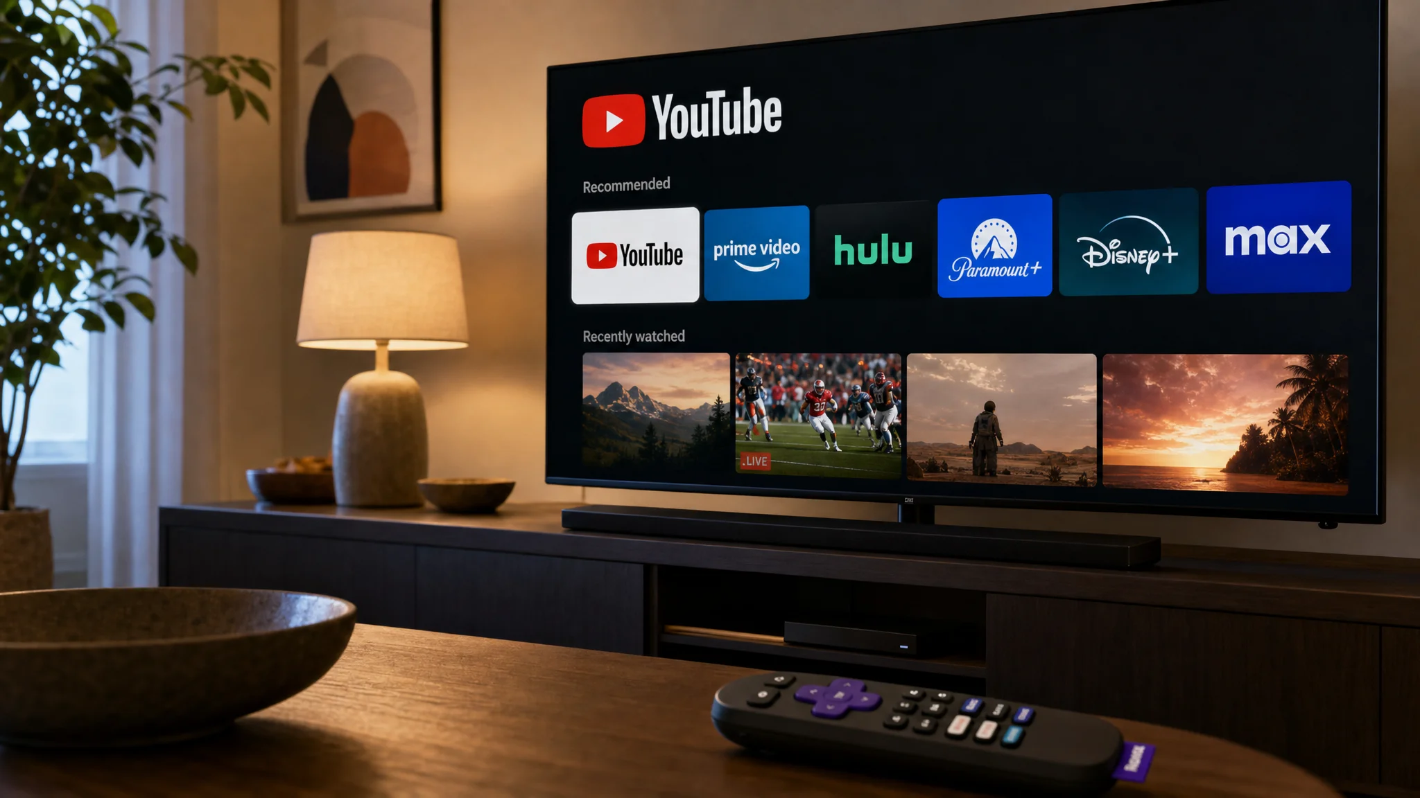 Living room television displays a YouTube interface with recommended tiles for Prime Video, Hulu, Paramount+, Disney+ and Max beside a lamp and remote.