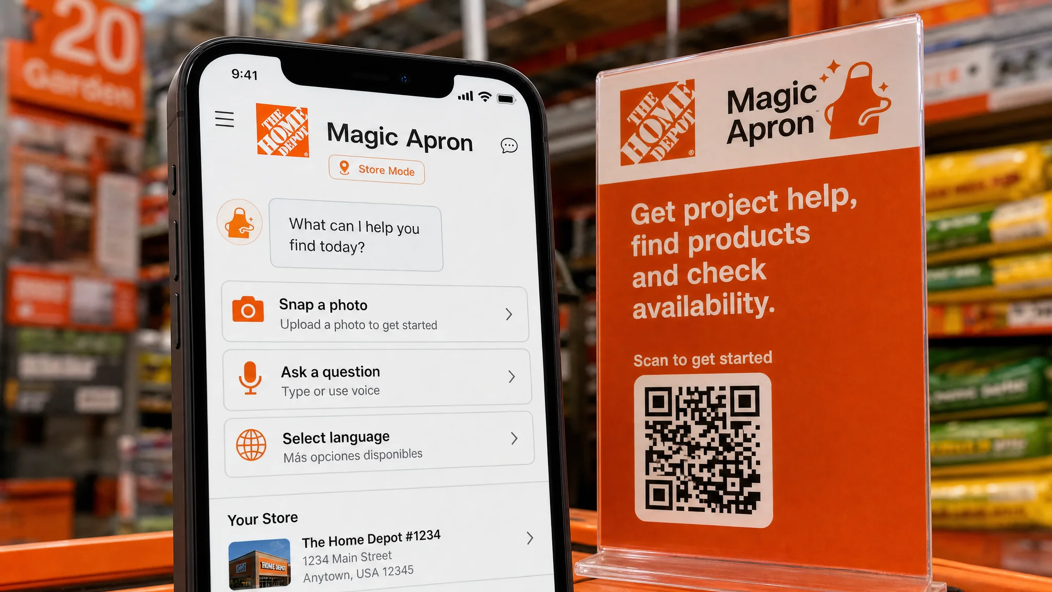 A smartphone displays The Home Depot’s Magic Apron interface beside an orange in-store sign advertising project help and product availability via QR code.