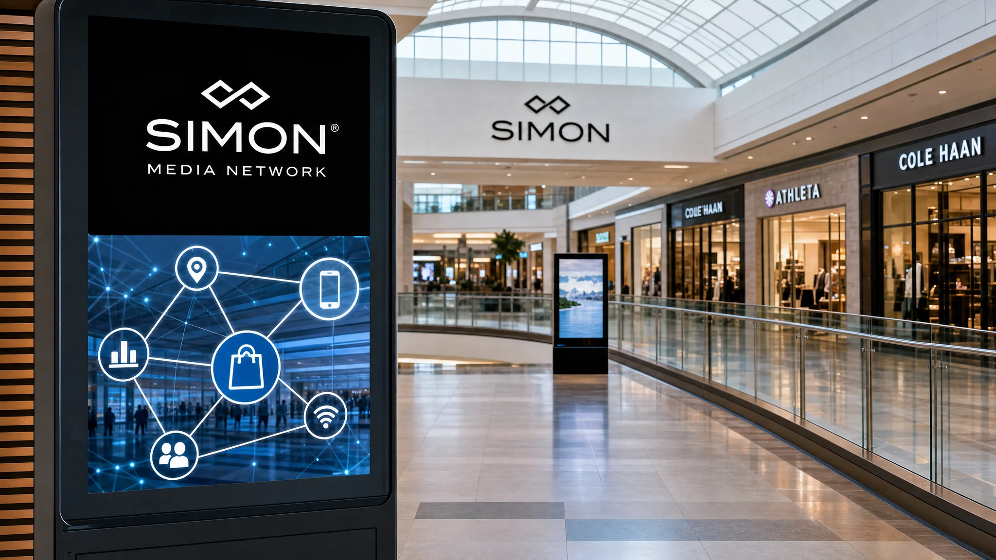 A mall kiosk displays Simon Media Network branding and connected location, mobile, shopping, audience and Wi-Fi icons beside a corridor of stores.
