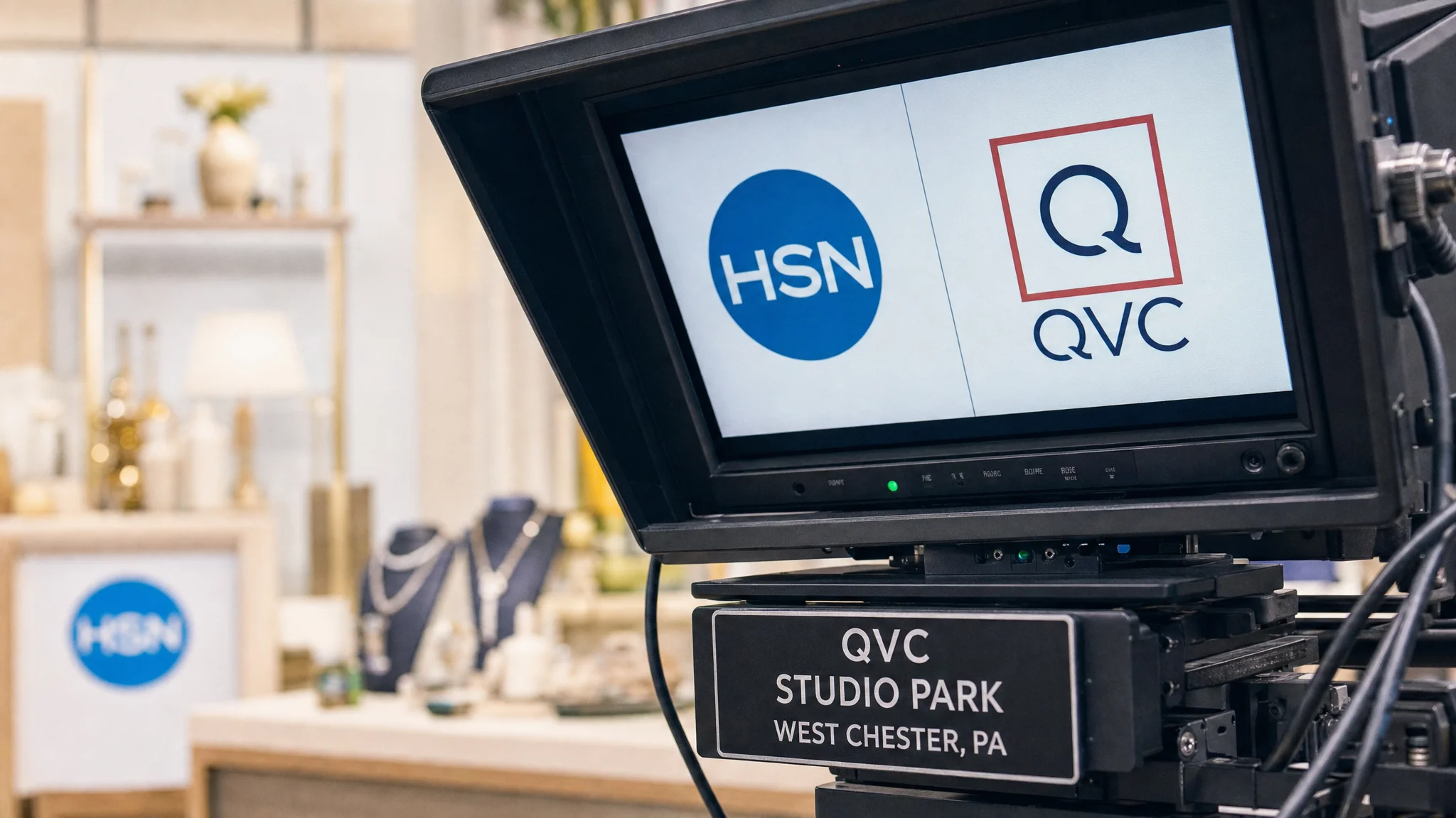 A studio camera monitor displays the HSN and QVC logos above a placard reading “QVC Studio Park, West Chester, PA,” with jewelry displays behind it.