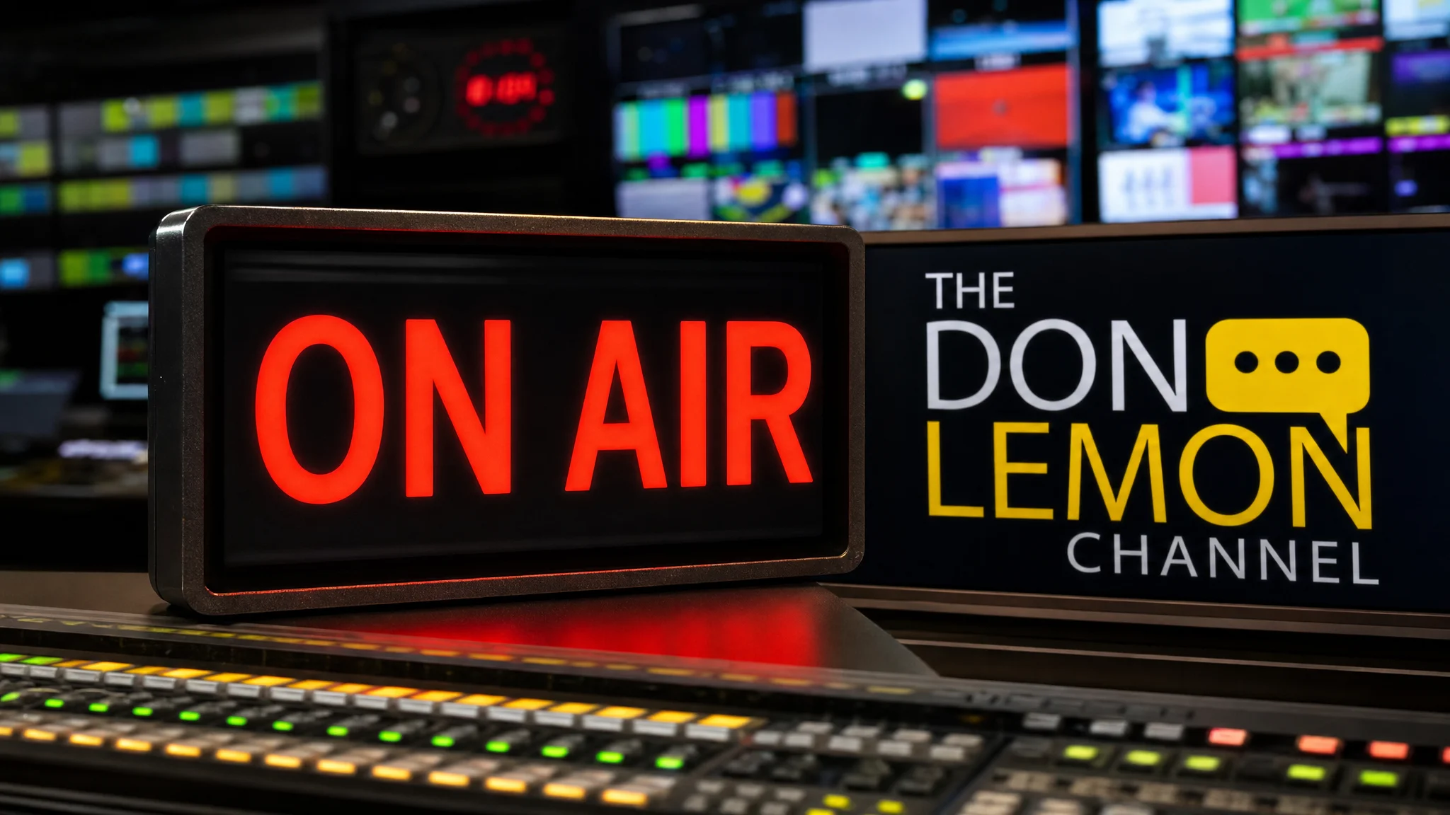 A red illuminated “ON AIR” sign sits beside a monitor displaying The Don Lemon Channel logo in a television control room.