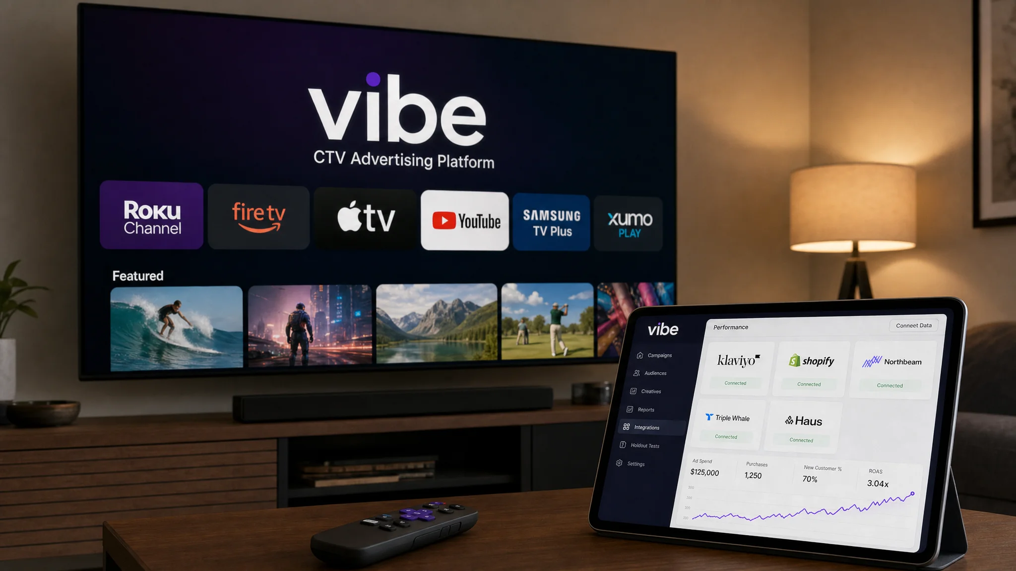 Illustration of a living-room TV displaying Vibe’s CTV platform and streaming services beside a tablet showing its performance dashboard and connected data integrations.