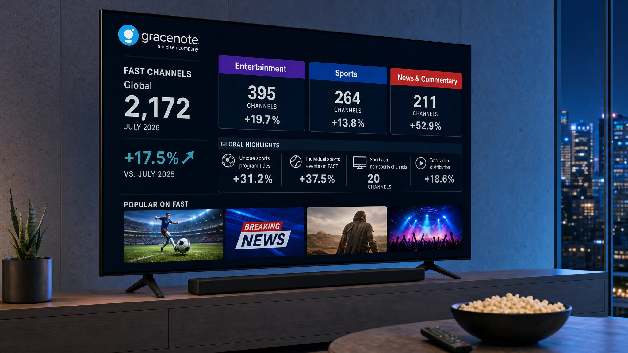 Living-room television displays a Gracenote infographic reporting 2,172 global FAST channels, with entertainment, sports, and news growth figures.