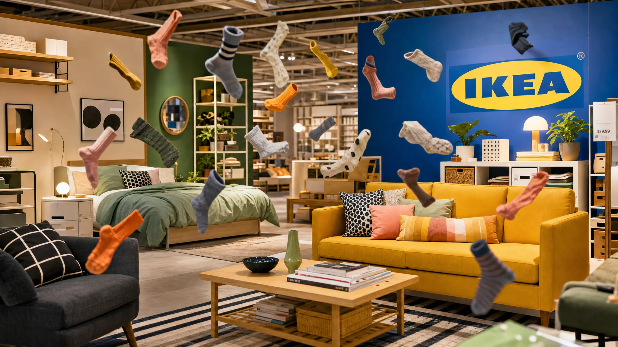 Colorful socks appear suspended throughout an IKEA showroom staged with a yellow sofa, green-bedded bedroom, plants, shelves and a large blue IKEA sign.