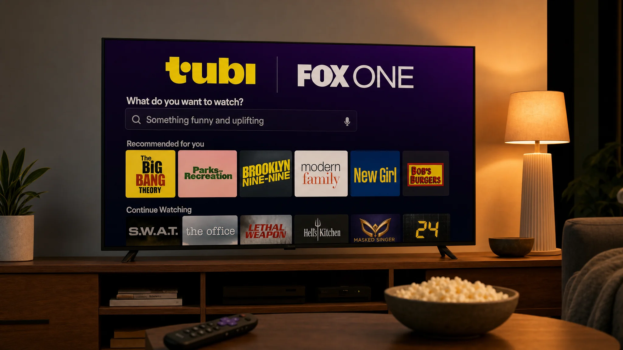 A living-room television displays a Tubi and FOX One streaming interface with search, recommended shows and continue-watching rows beside a glowing lamp.