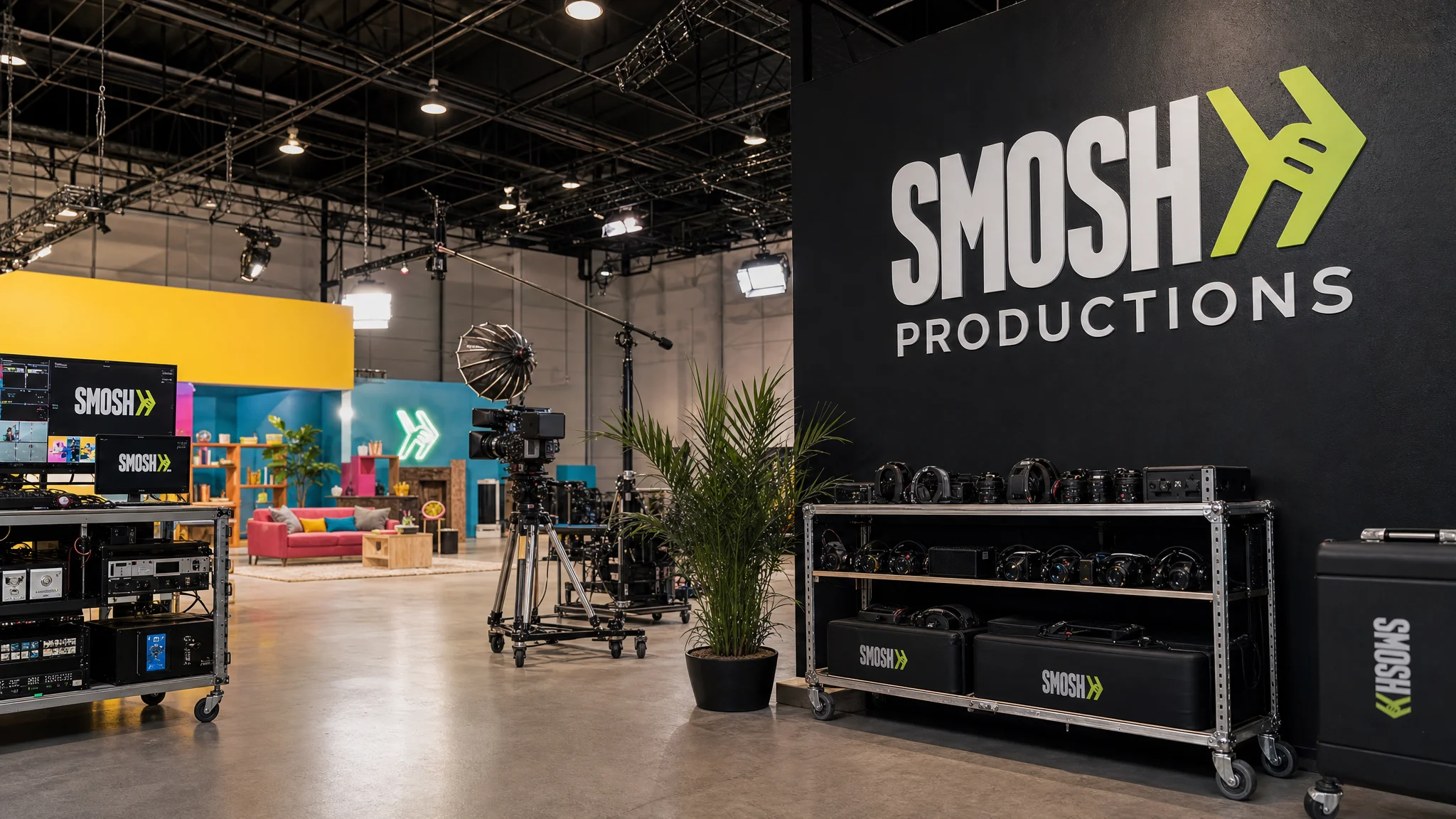 Smosh Productions studio interior with cameras, lighting rigs, monitors and equipment cases surrounding a colorful living-room set beneath a high industrial ceiling.