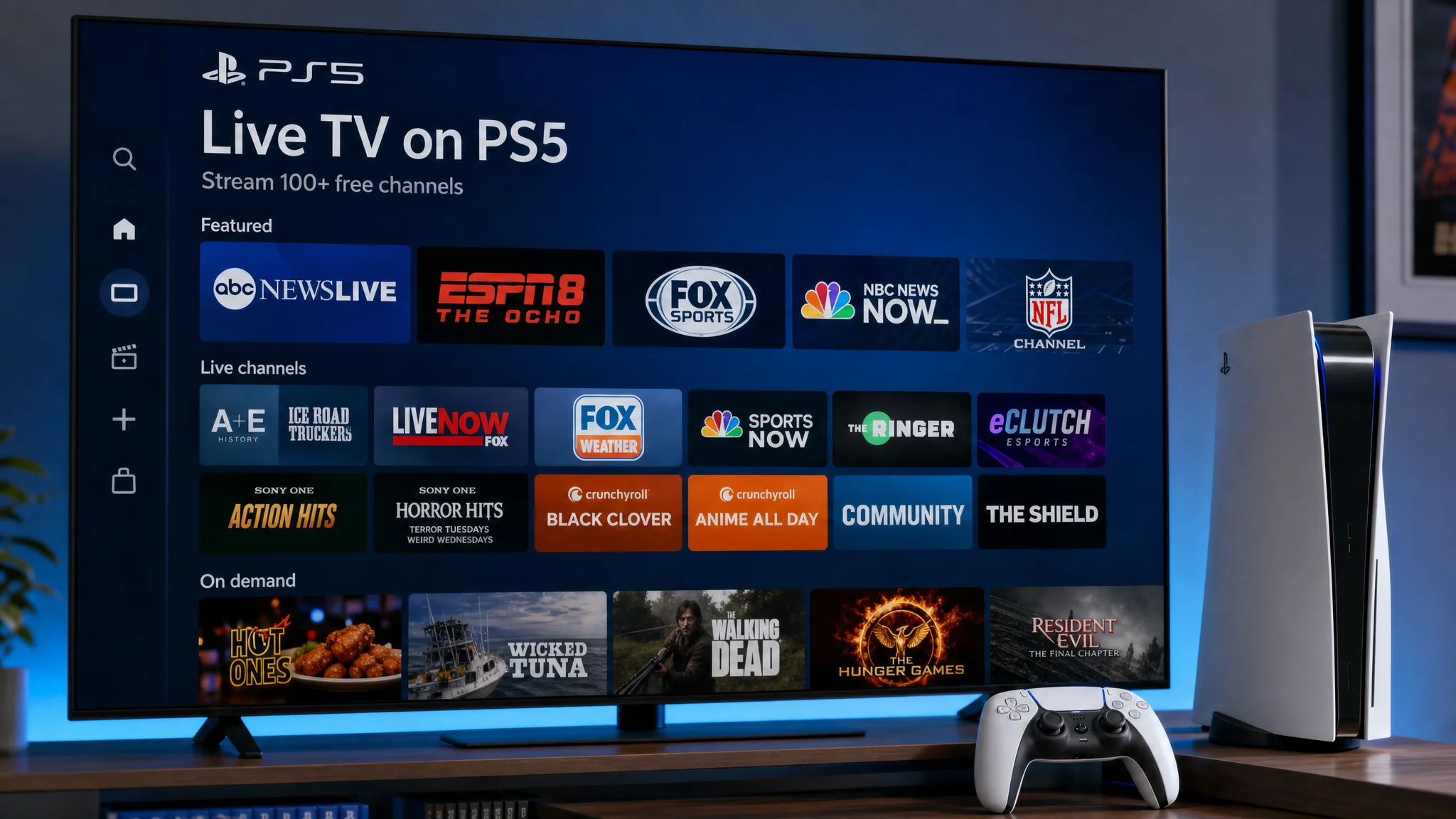 A television displays the PS5 Live TV interface with rows of news, sports and entertainment channels beside a PlayStation 5 console and controller.