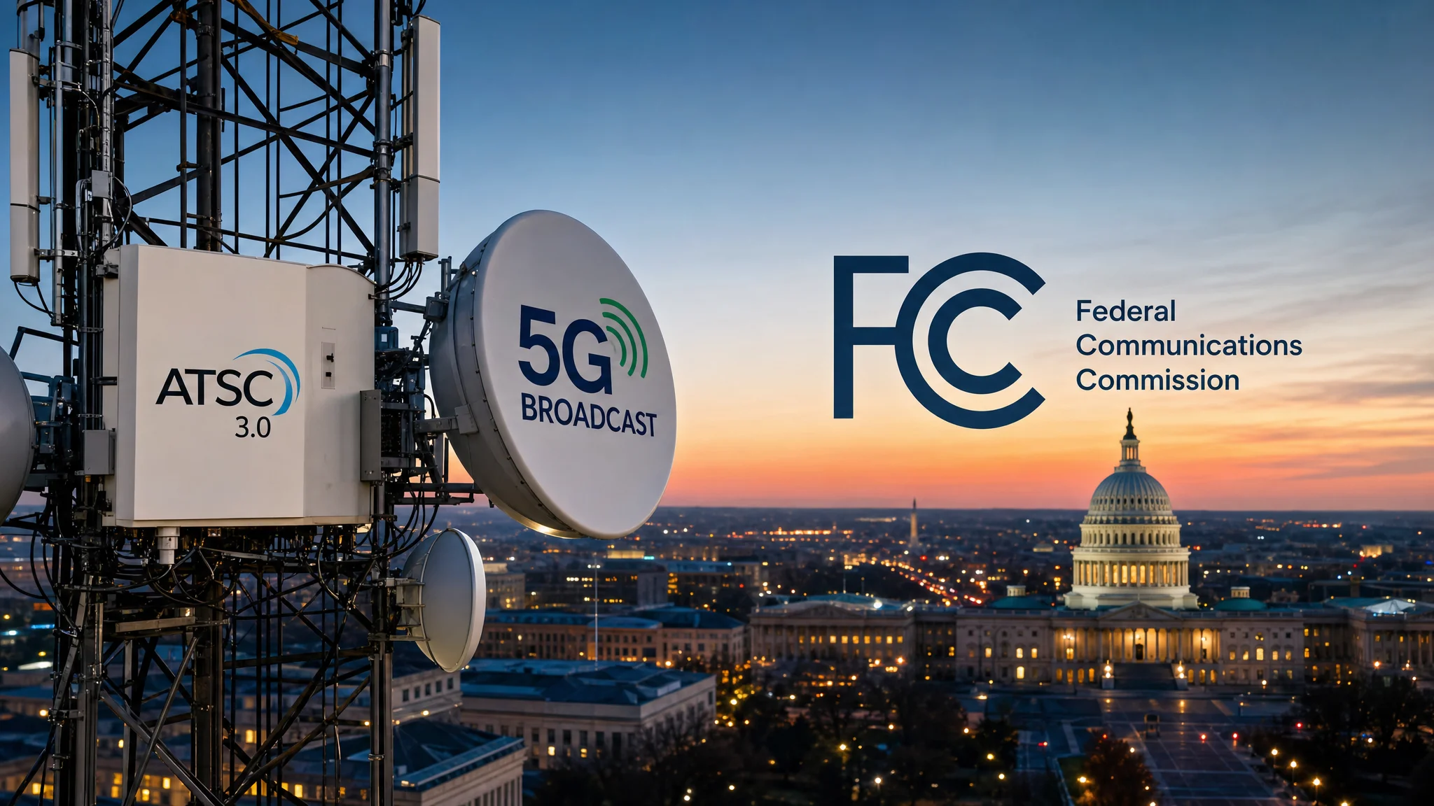 Illustration of a communications tower labeled “ATSC 3.0” and “5G Broadcast” beside the FCC logo, overlooking the U.S. Capitol at sunset.