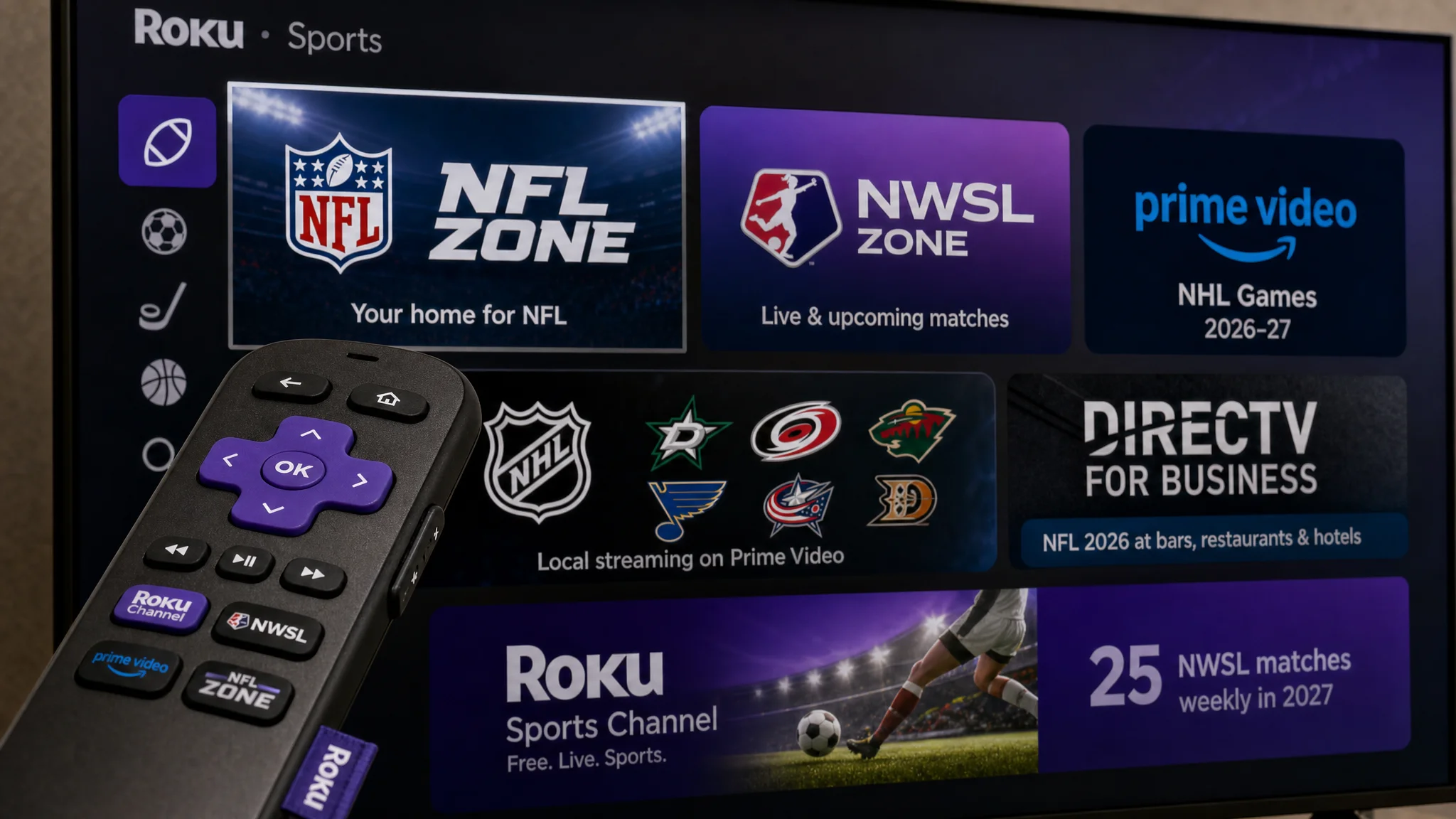 A Roku remote sits before a television displaying a Roku Sports menu with NFL, NWSL, Prime Video, NHL and DIRECTV tiles.