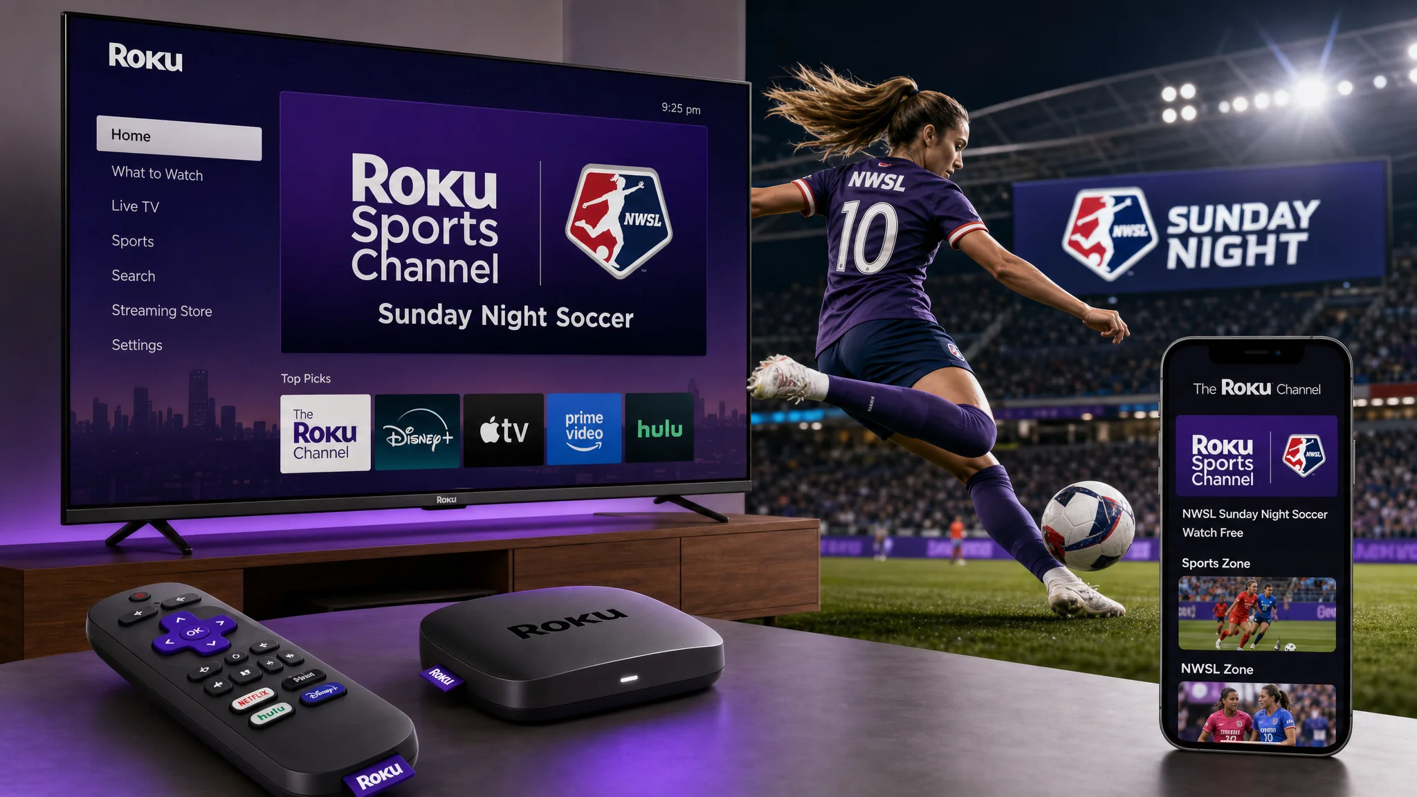 Promotional illustration shows a Roku TV, streaming box and remote beside a soccer player, with Roku Sports Channel and NWSL Sunday Night Soccer displayed on the TV and phone.