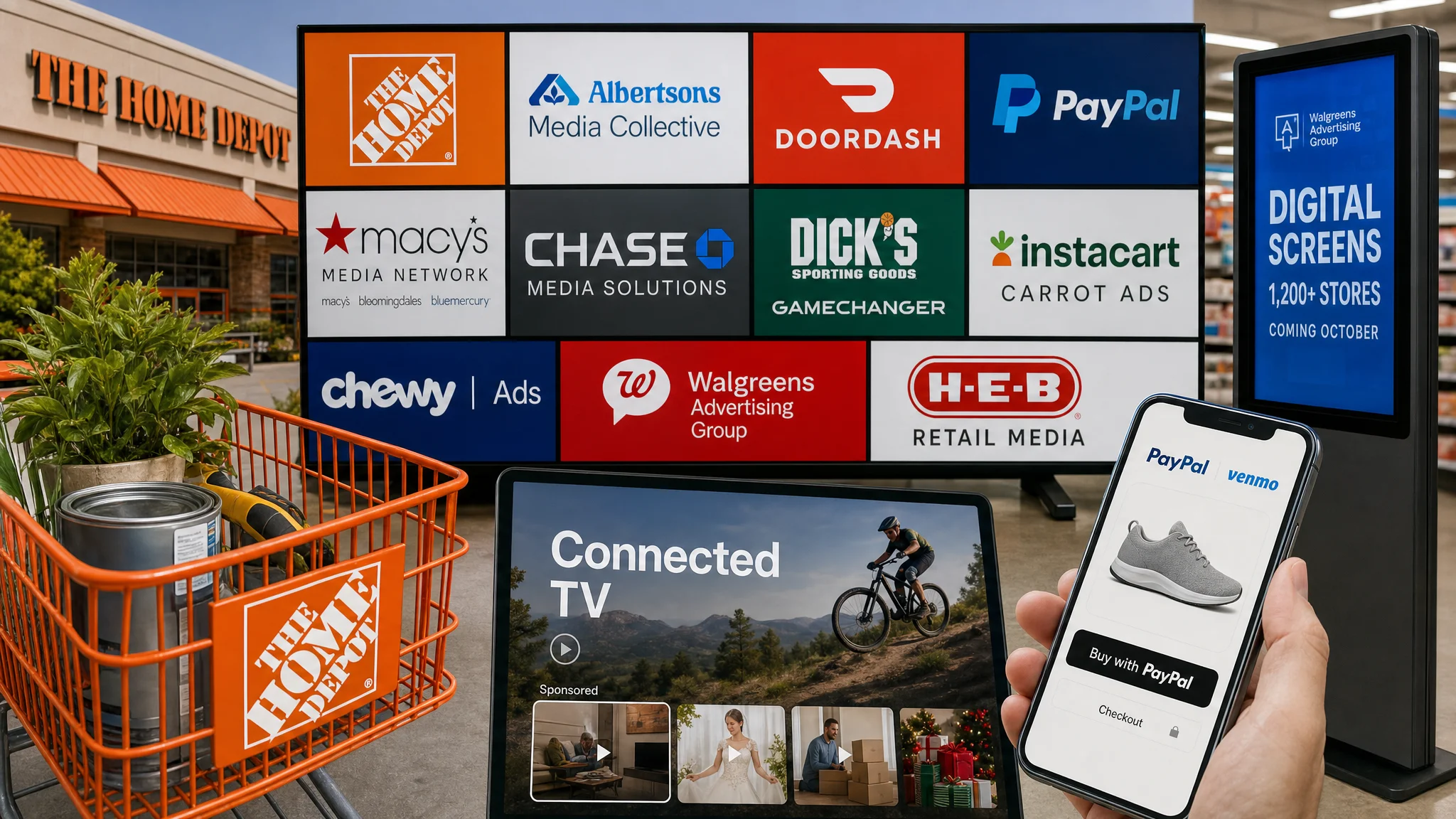 Composite illustration of retail media logos on a large display, surrounded by a Home Depot cart, connected-TV interface, Walgreens digital screen and PayPal checkout phone.