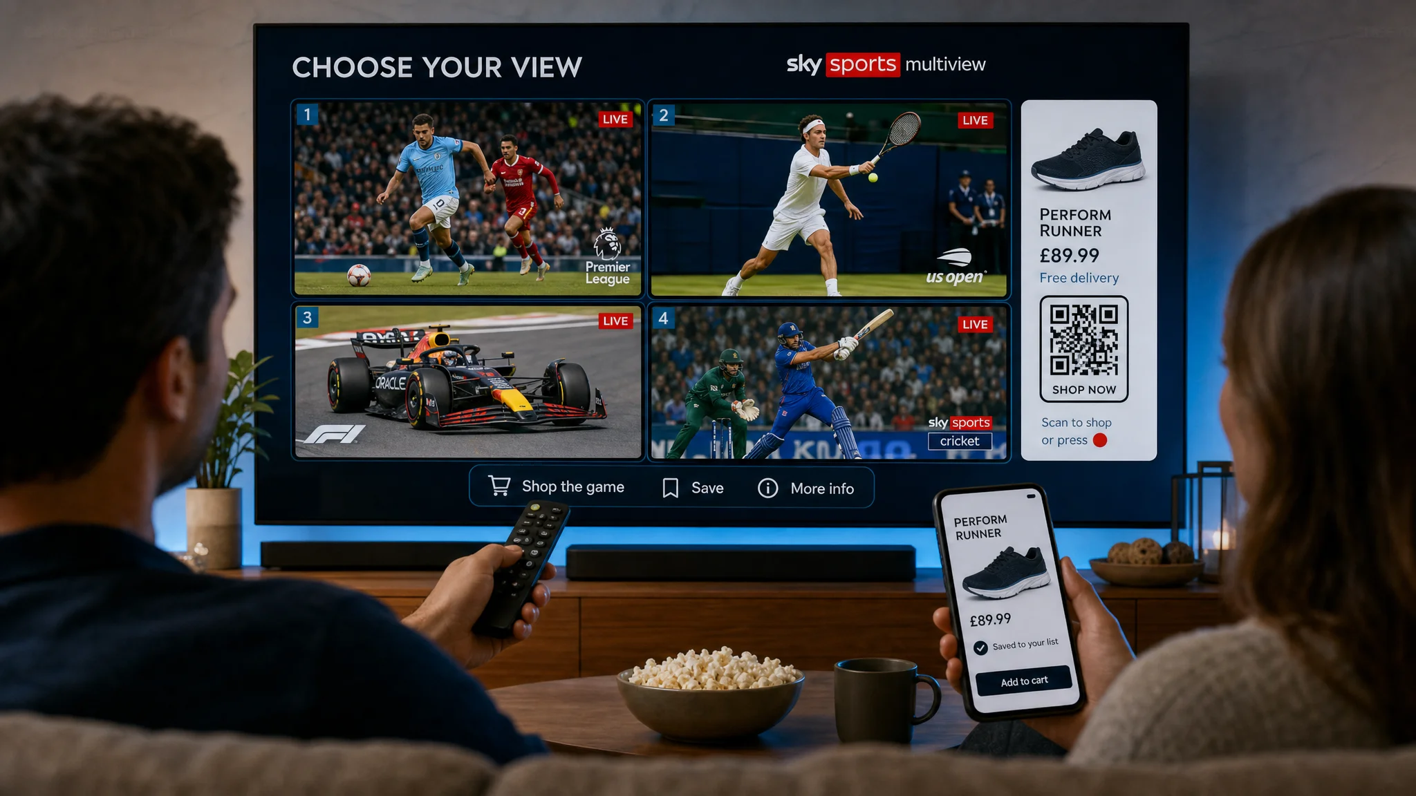 Illustration of two viewers browsing four live sports feeds on a television with a shoppable shoe ad, while one holds a matching product page on a phone.