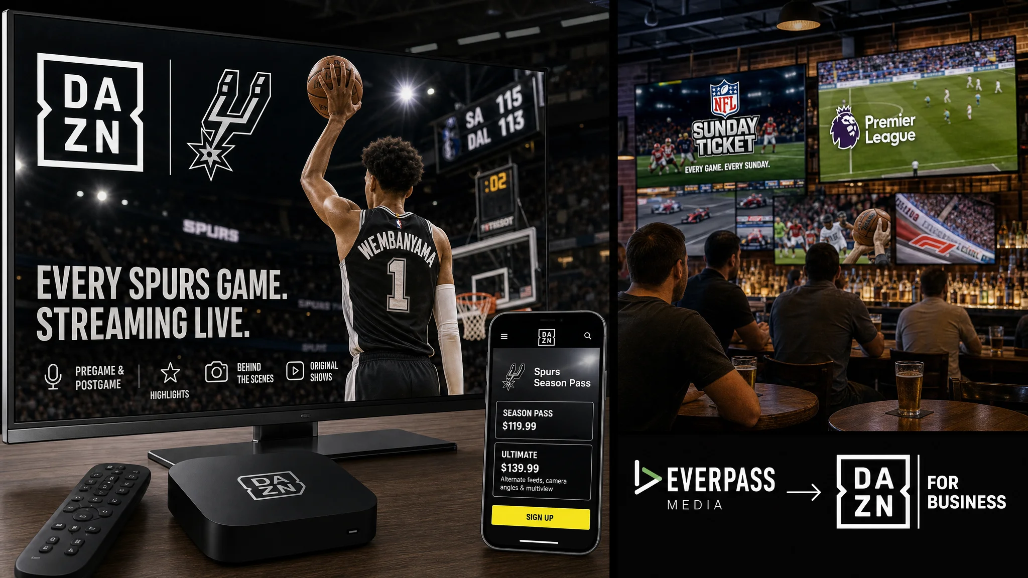 Promotional composite shows DAZN Spurs streaming on a TV, phone and set-top box beside a sports bar scene, with EverPass Media pointing to DAZN for Business.