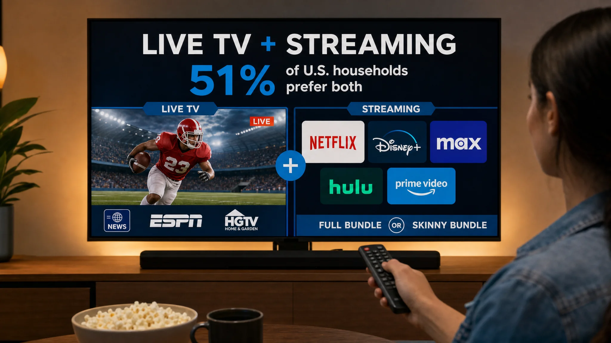 Illustration of a viewer holding a remote toward a TV infographic stating 51% prefer both live TV and streaming, alongside sports and streaming service tiles.