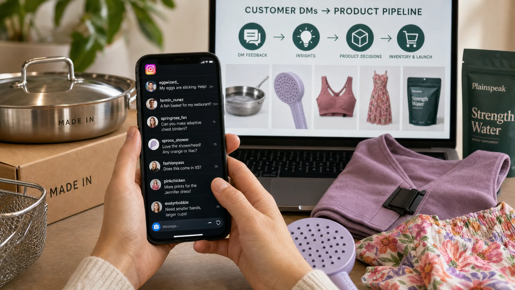 Hands hold a phone displaying Instagram customer messages before a laptop showing a feedback-to-product pipeline, surrounded by cookware, clothing and personal-care products.