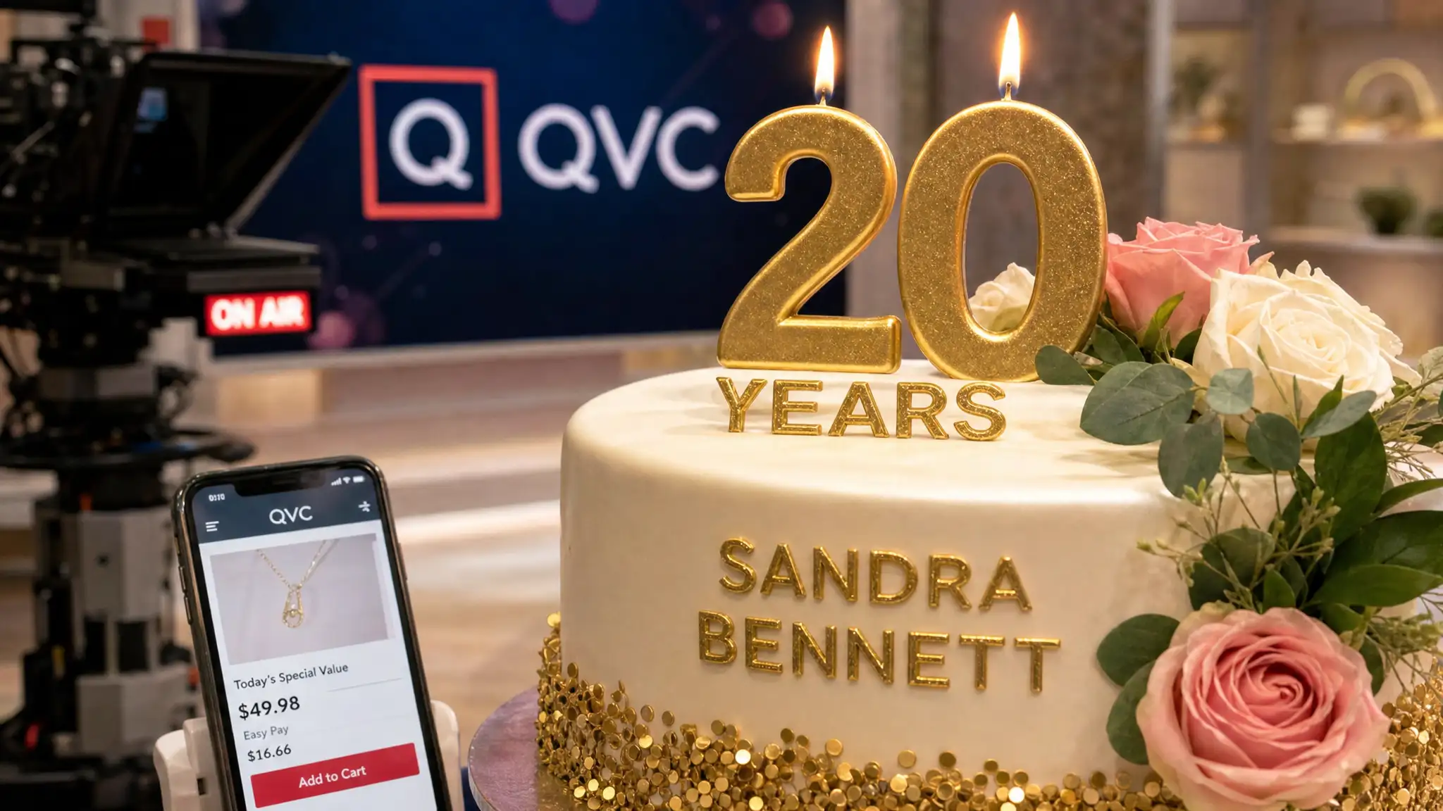 A rose-decorated cake for Sandra Bennett features lit gold “20 years” candles beside a phone displaying QVC, with studio equipment behind.