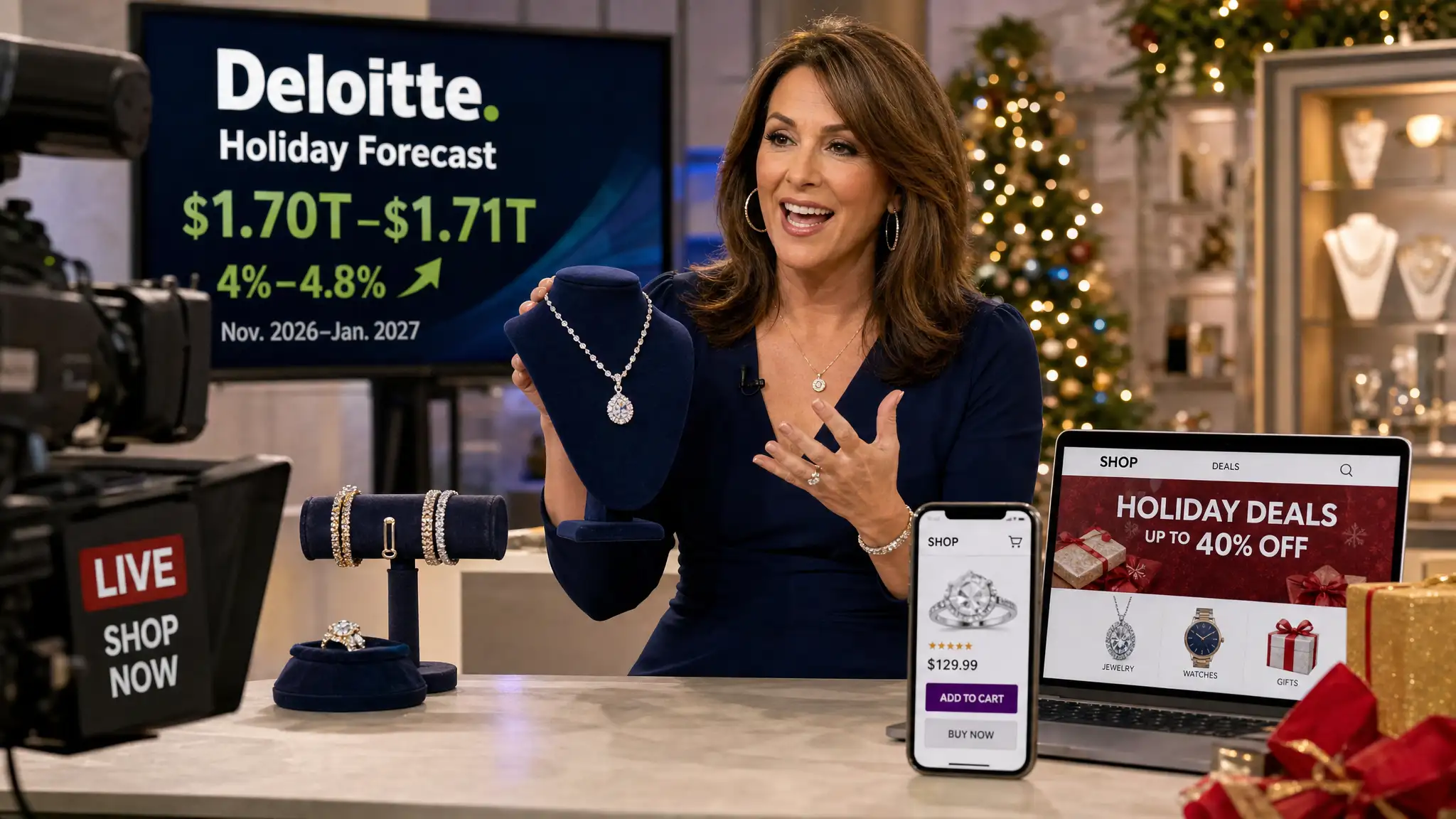 A digitally created TV shopping scene shows a presenter displaying a necklace beside jewelry, online sale screens, holiday decorations, and a Deloitte forecast graphic.