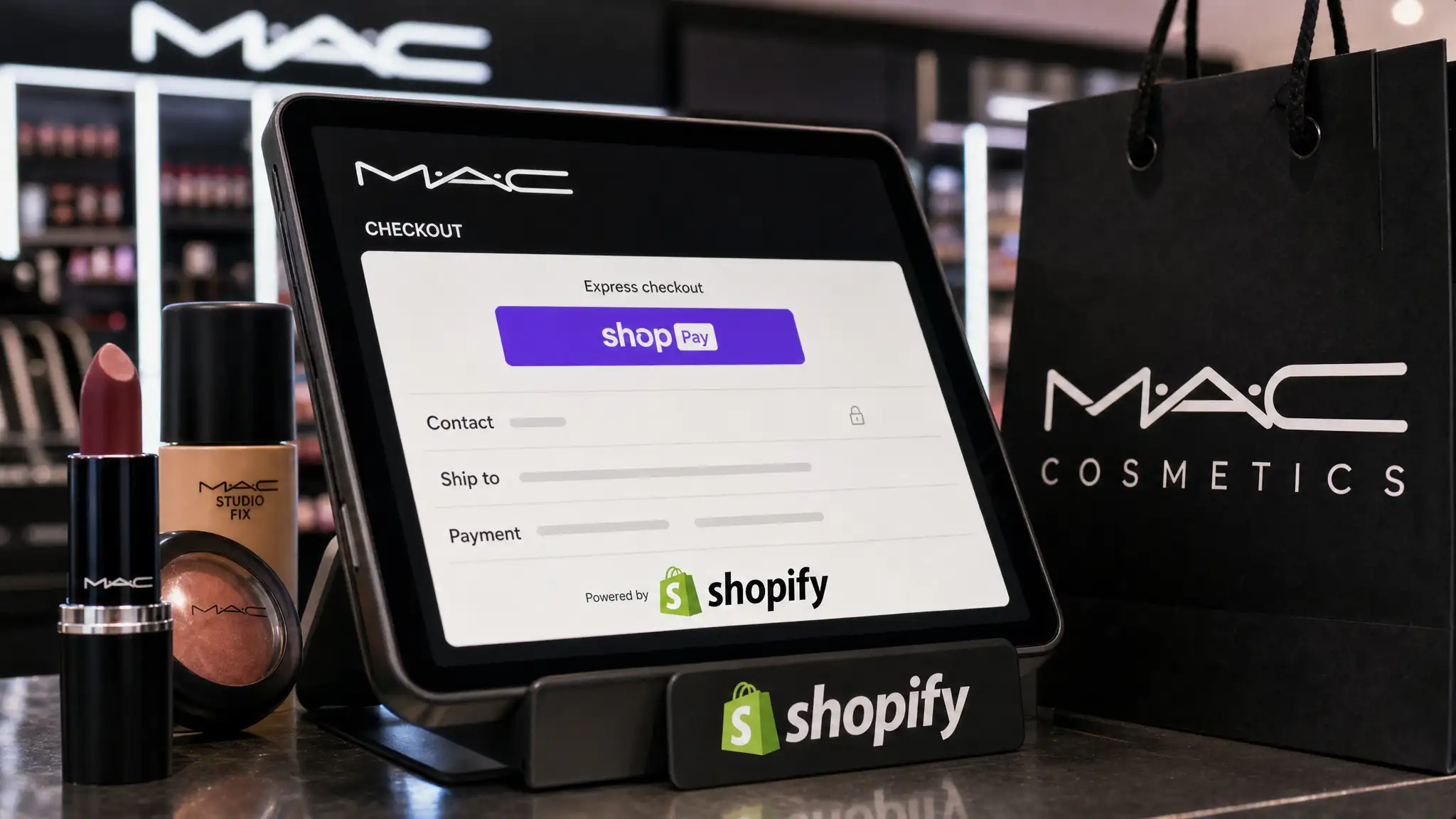 A tablet displays a M·A·C checkout page with Shop Pay and Shopify branding, flanked by cosmetics and a black M·A·C shopping bag.