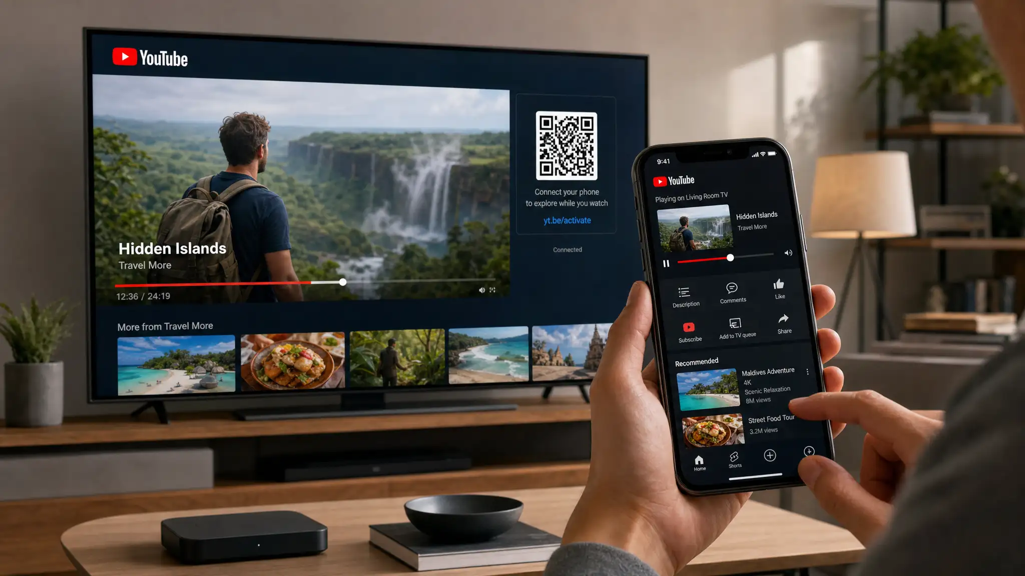 A person uses YouTube controls on a smartphone while the same travel video plays on a television displaying a QR code for phone connection.