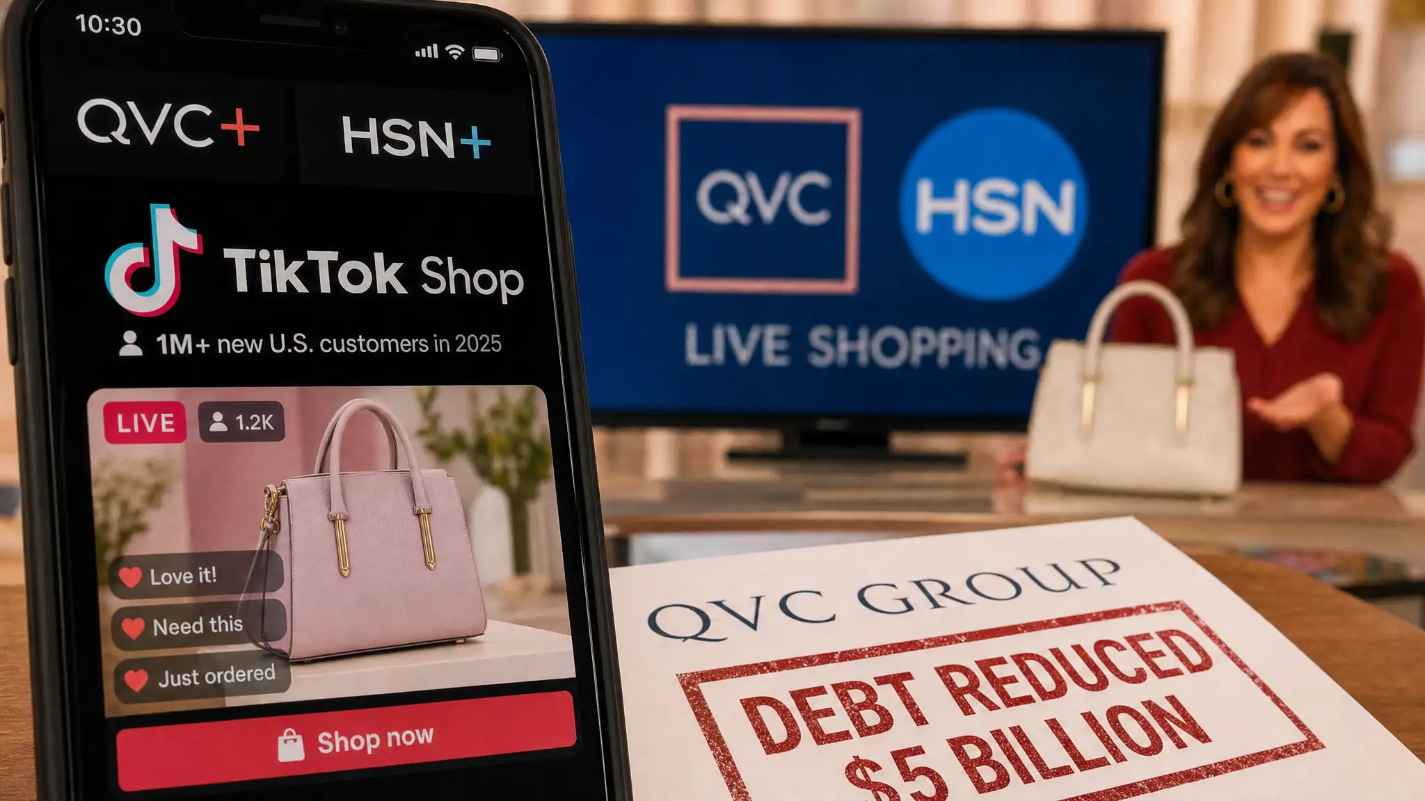 Illustration of a phone displaying QVC+, HSN+ and TikTok Shop beside a QVC Group debt-reduction document, with a shopping presenter and handbag behind.