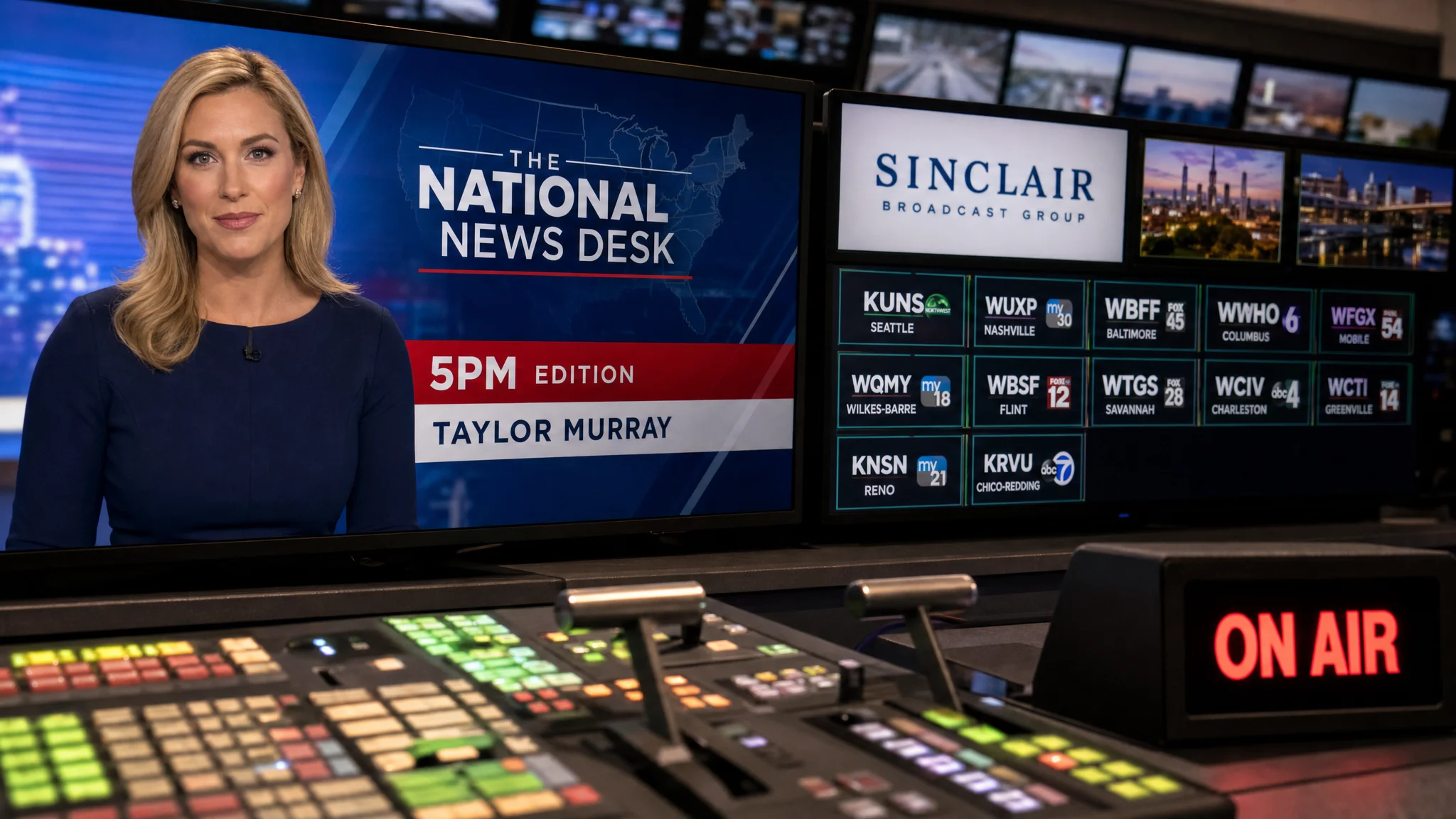 An illustration of a broadcast control room shows a news anchor on one monitor and Sinclair Broadcast Group stations on another beside a glowing “ON AIR” sign.