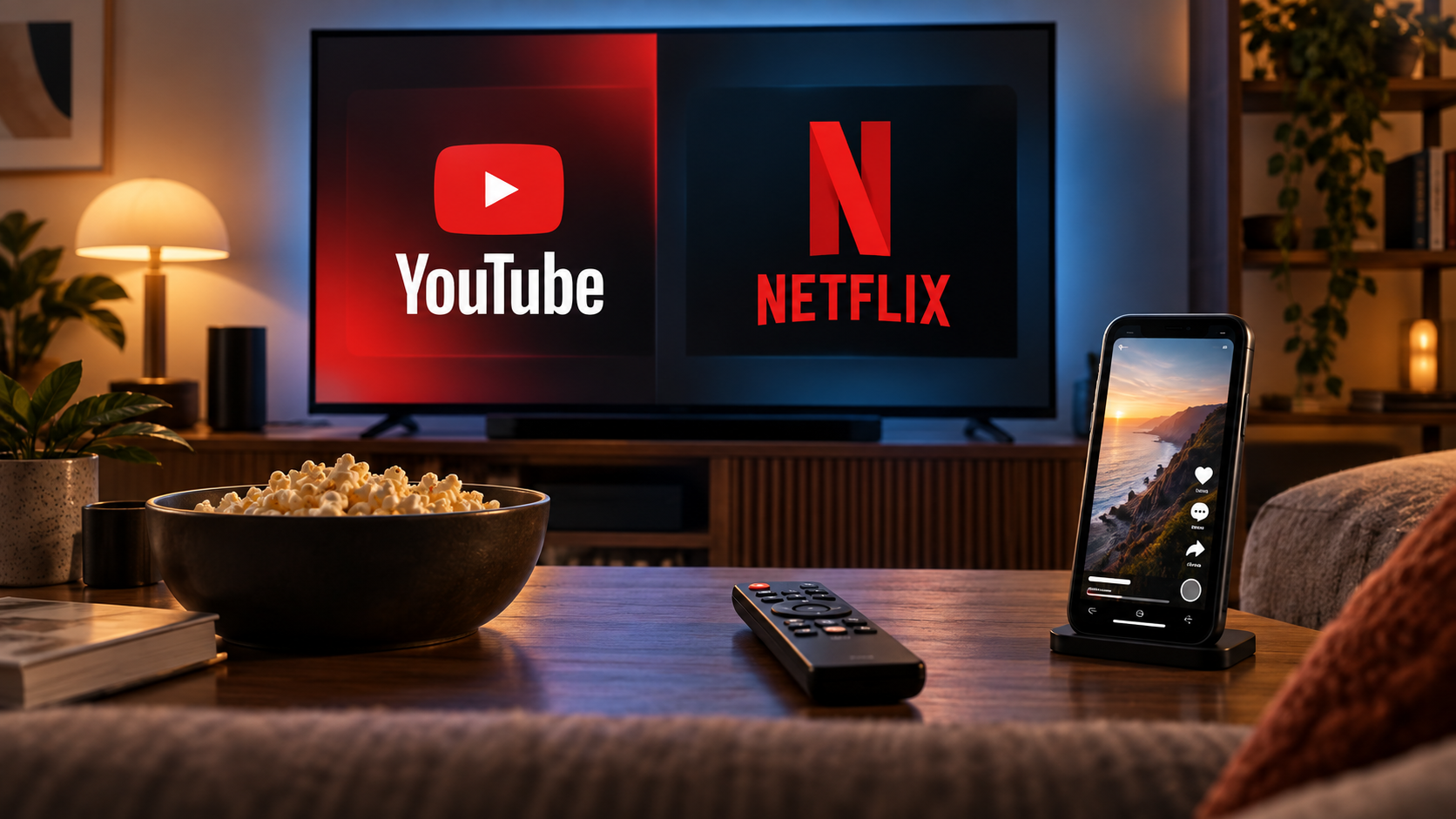 Editorial illustration of a living-room television displaying YouTube and Netflix, with a remote, popcorn, and a smartphone showing a short video on the coffee table.