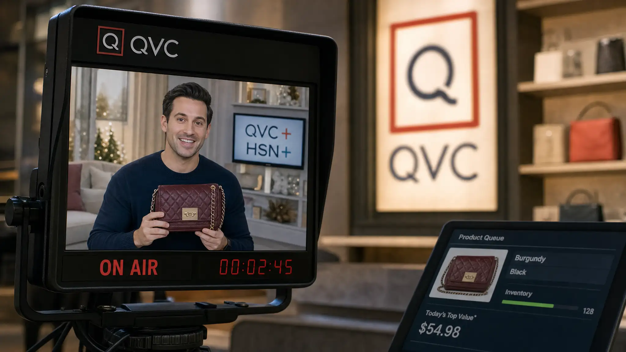 A QVC studio monitor shows a smiling host presenting a burgundy quilted handbag, with an on-air timer and product queue display visible.