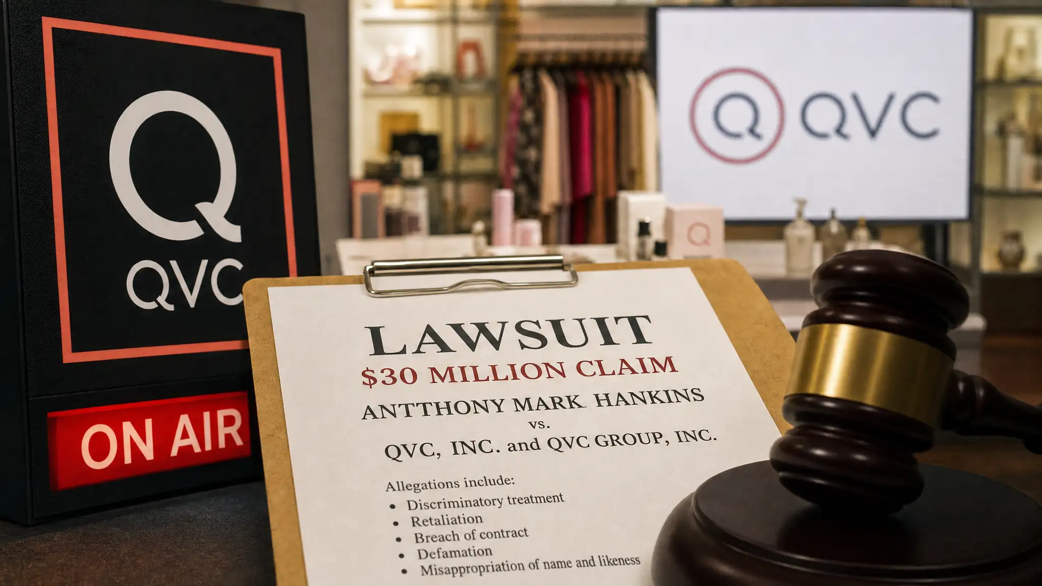 A gavel and clipboard describing a $30 million lawsuit sit beside illuminated QVC and “On Air” signs in a retail studio setting.