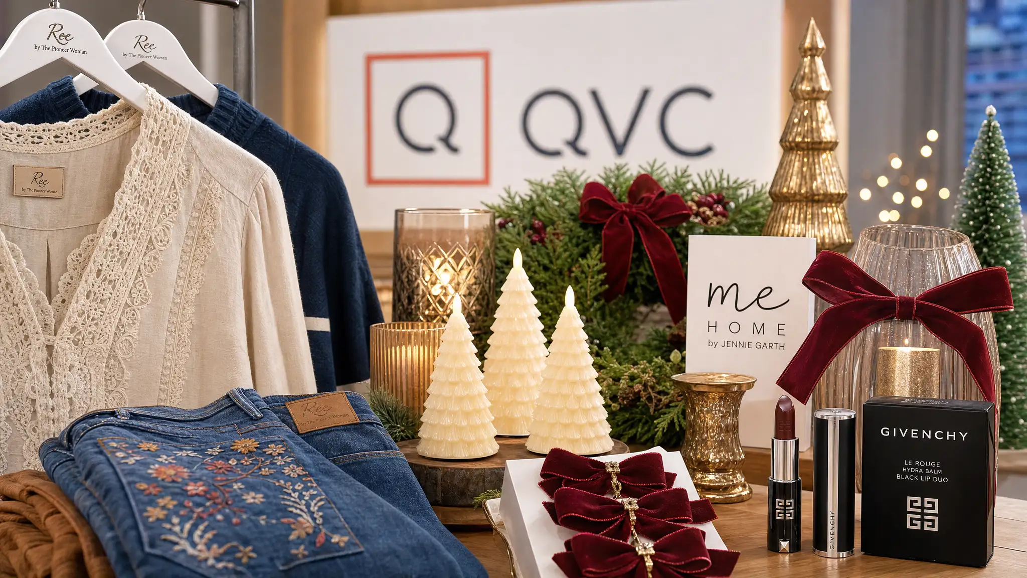QVC display combines Ree clothing, embroidered jeans, illuminated Christmas trees, a wreath with red bows, candles, Jennie Garth décor and Givenchy cosmetics.