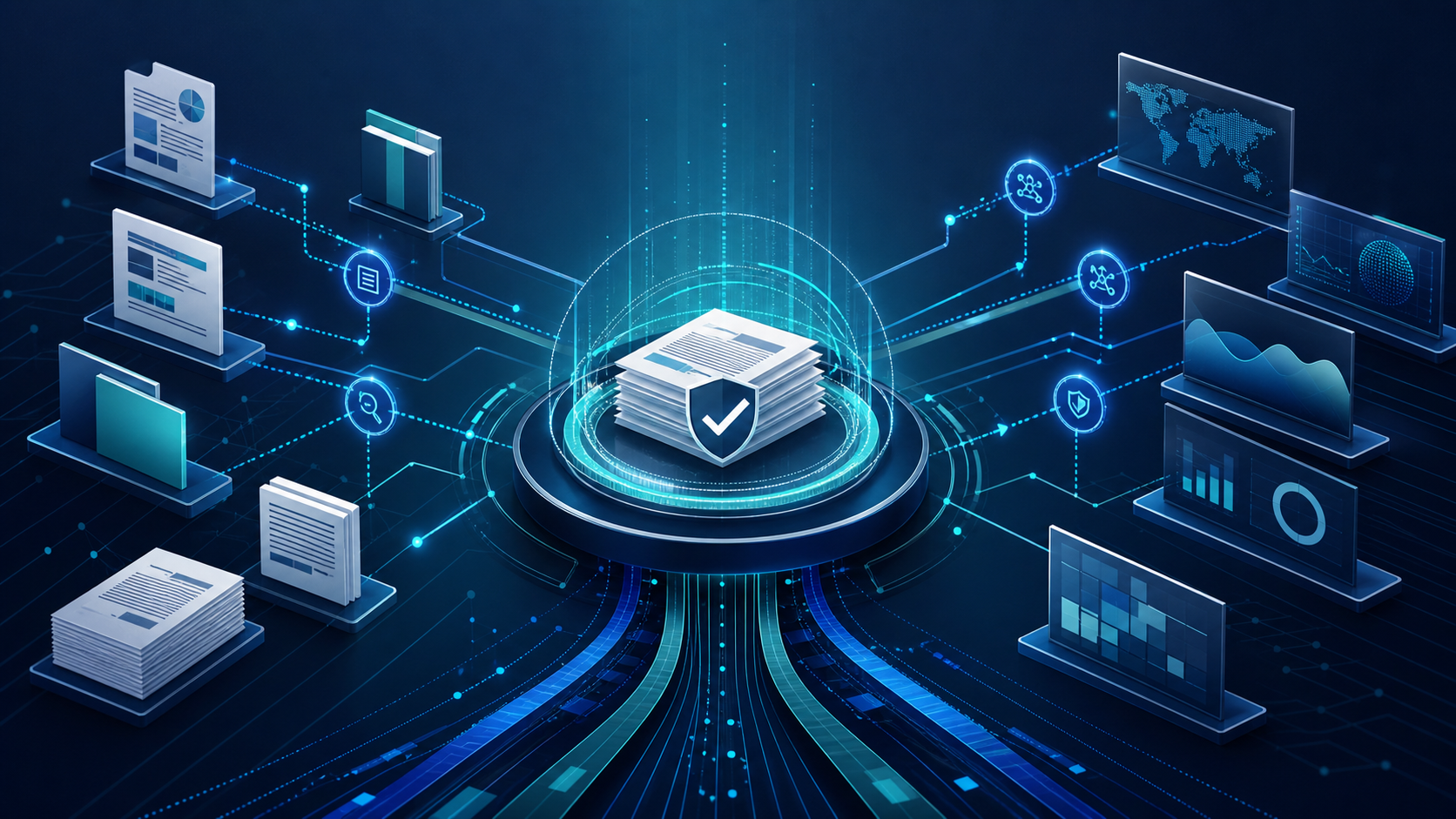 Abstract source documents and linked verification pathways converging into a trusted central record