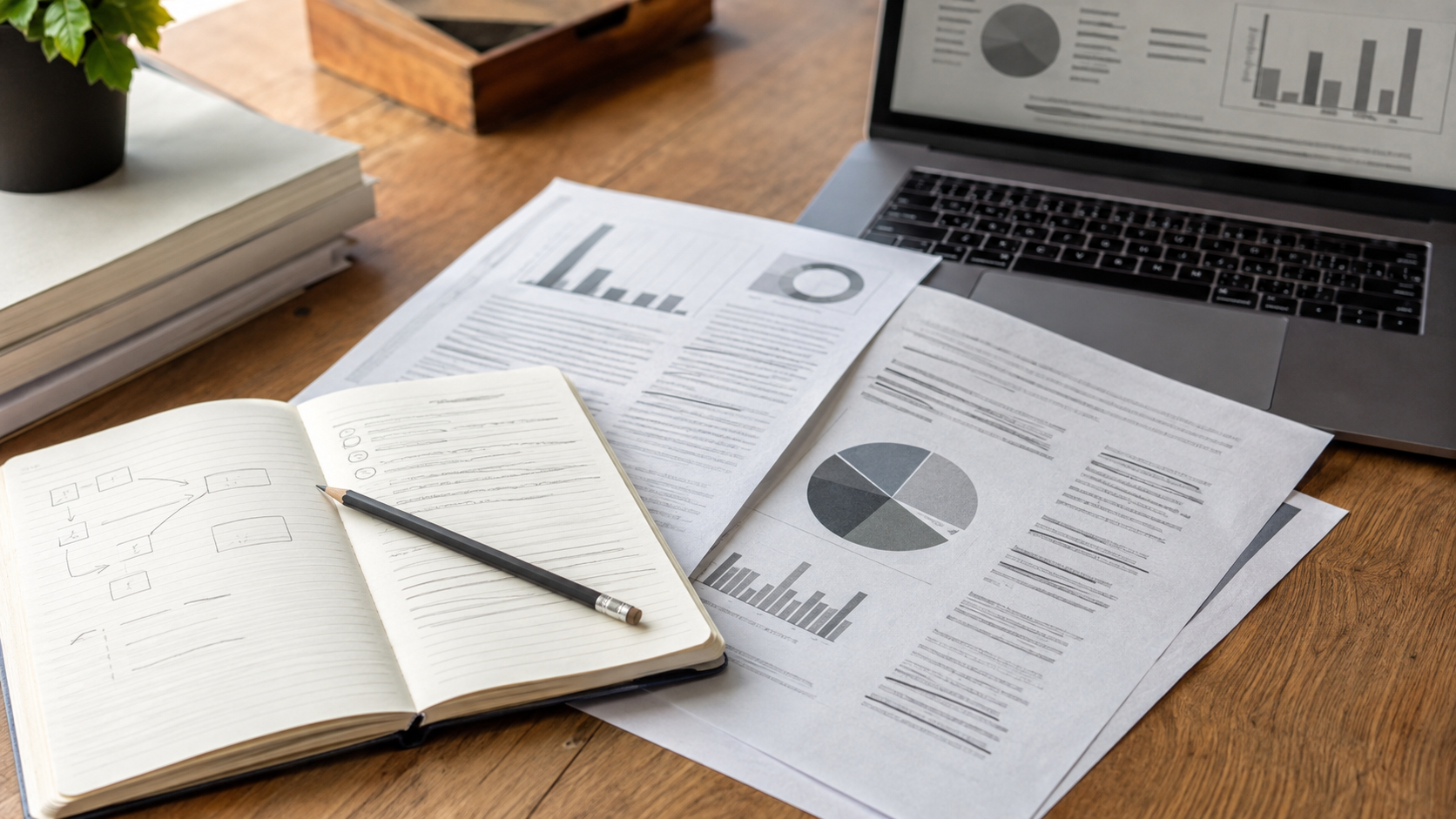 Open notebook and pencil beside printed report pages with generic charts and a laptop on a wooden research desk.