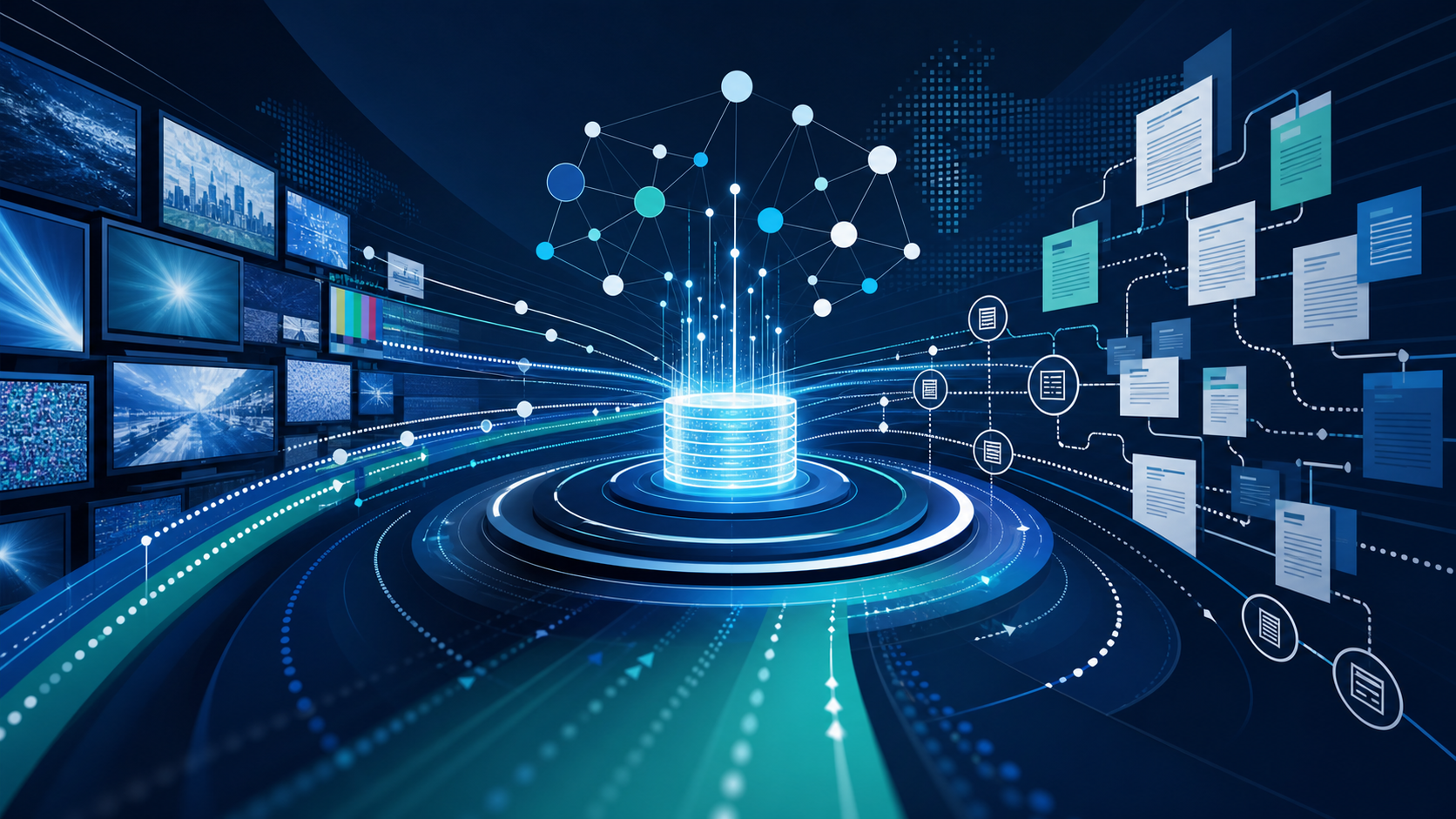 Abstract broadcast screens, source documents, and citation nodes converging into a central evidence system