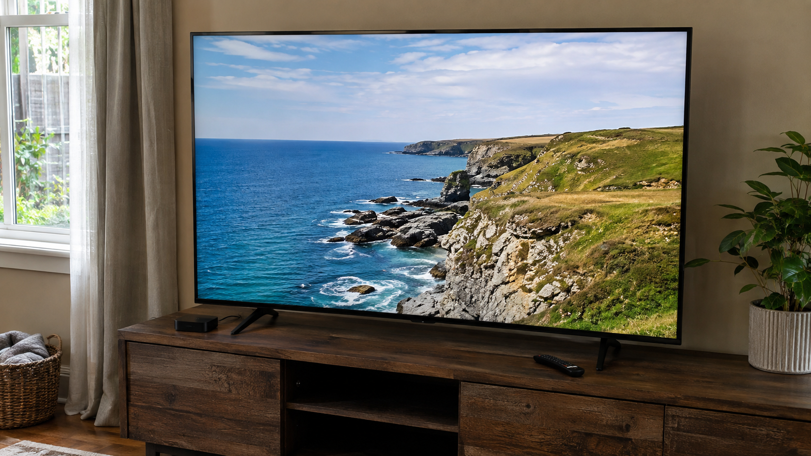 Large television displaying a rocky coastline in a living room, with a streaming device and remote on the cabinet.