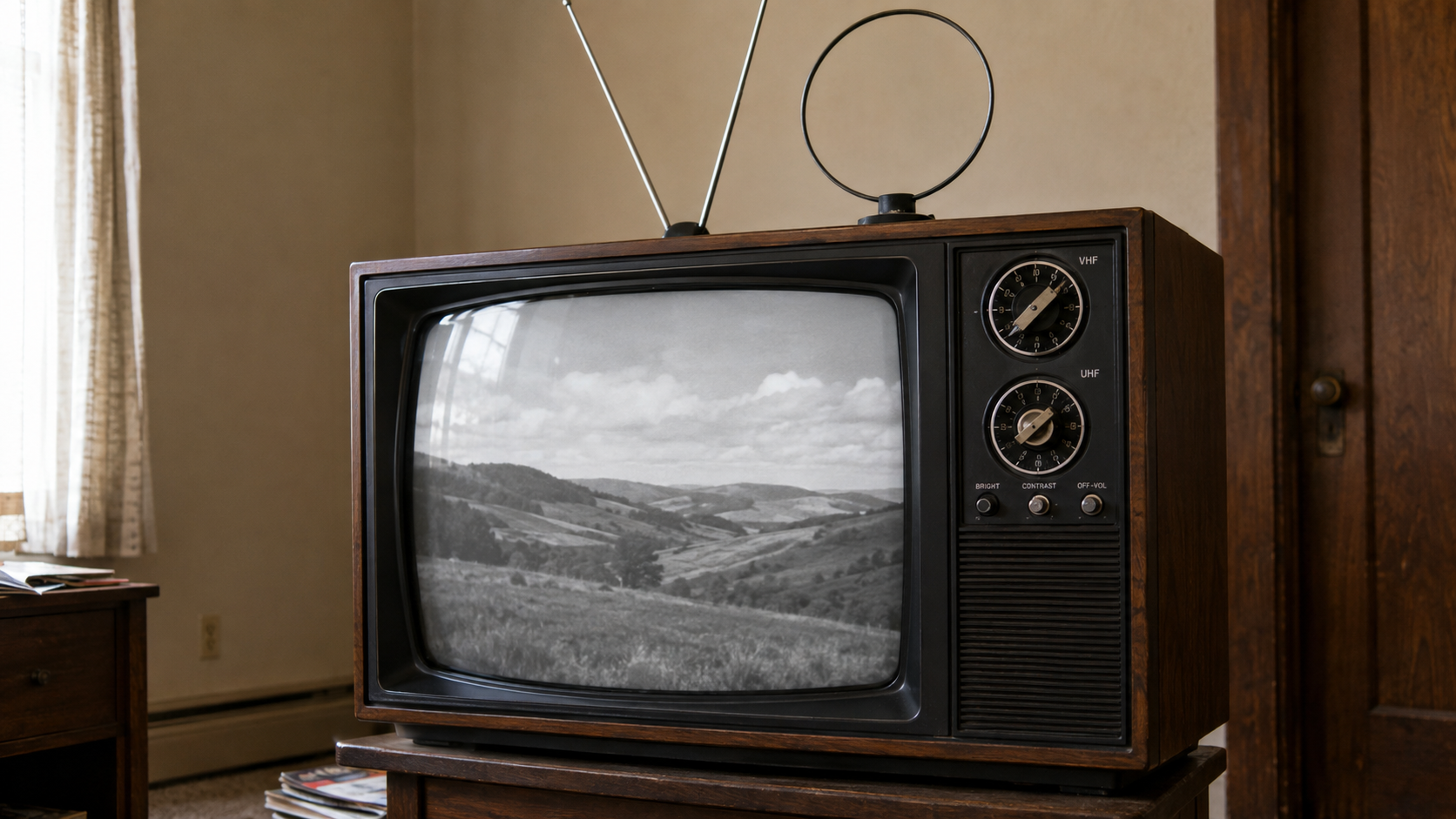 Woodgrain CRT television showing a black-and-white landscape, with VHF and UHF tuning dials, rabbit-ear antennas and a round UHF loop.
