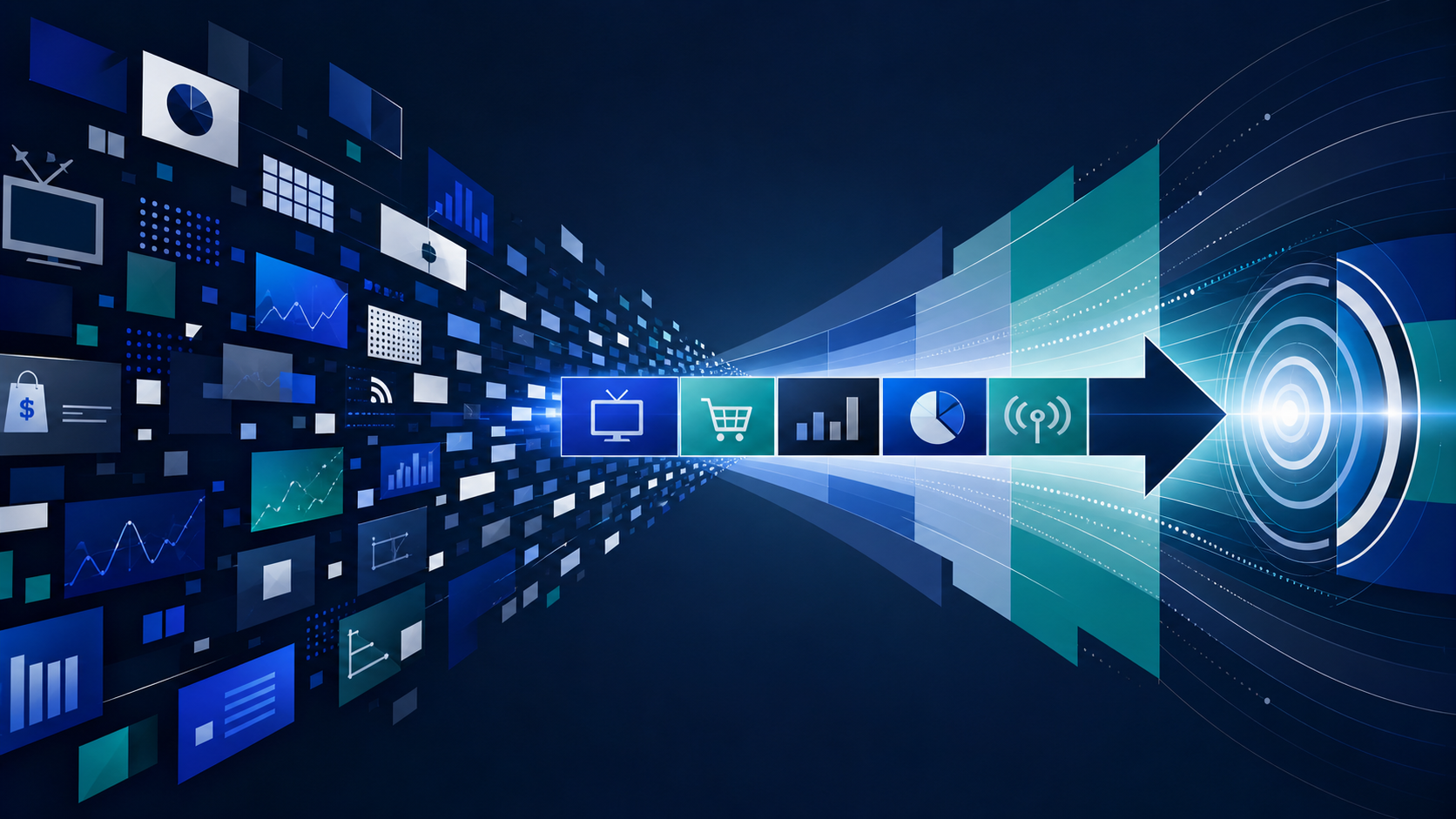 Abstract television, commerce, market, and signal data organizing into a clear decision pathway